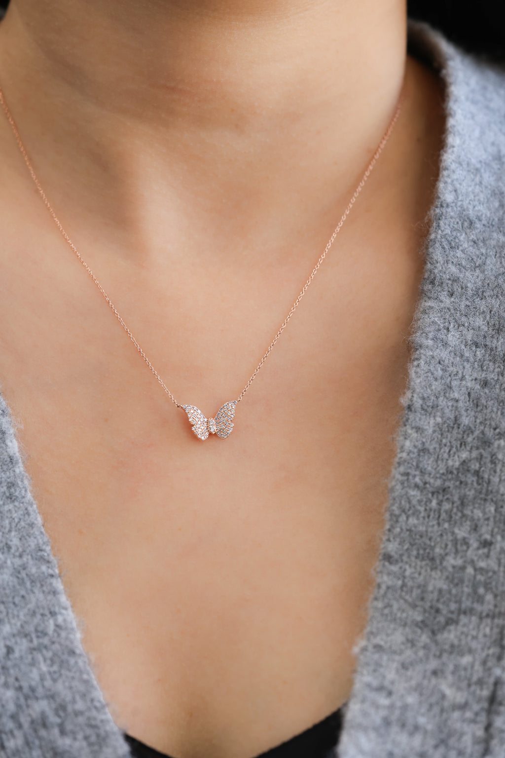 14K Rose Gold Round Diamond Small Pink Butterfly Pendant P-JS041316