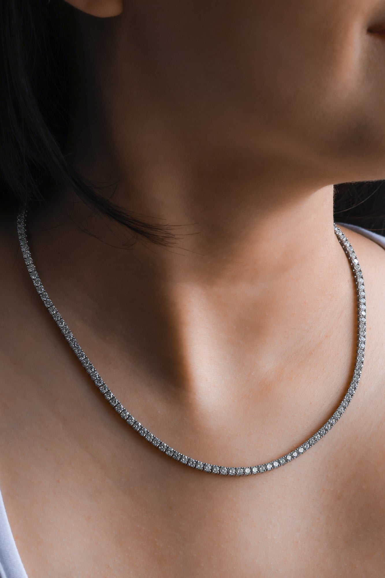 18K White Gold Round Diamond Straight Tennis Necklace 22.6ct N-11465RD