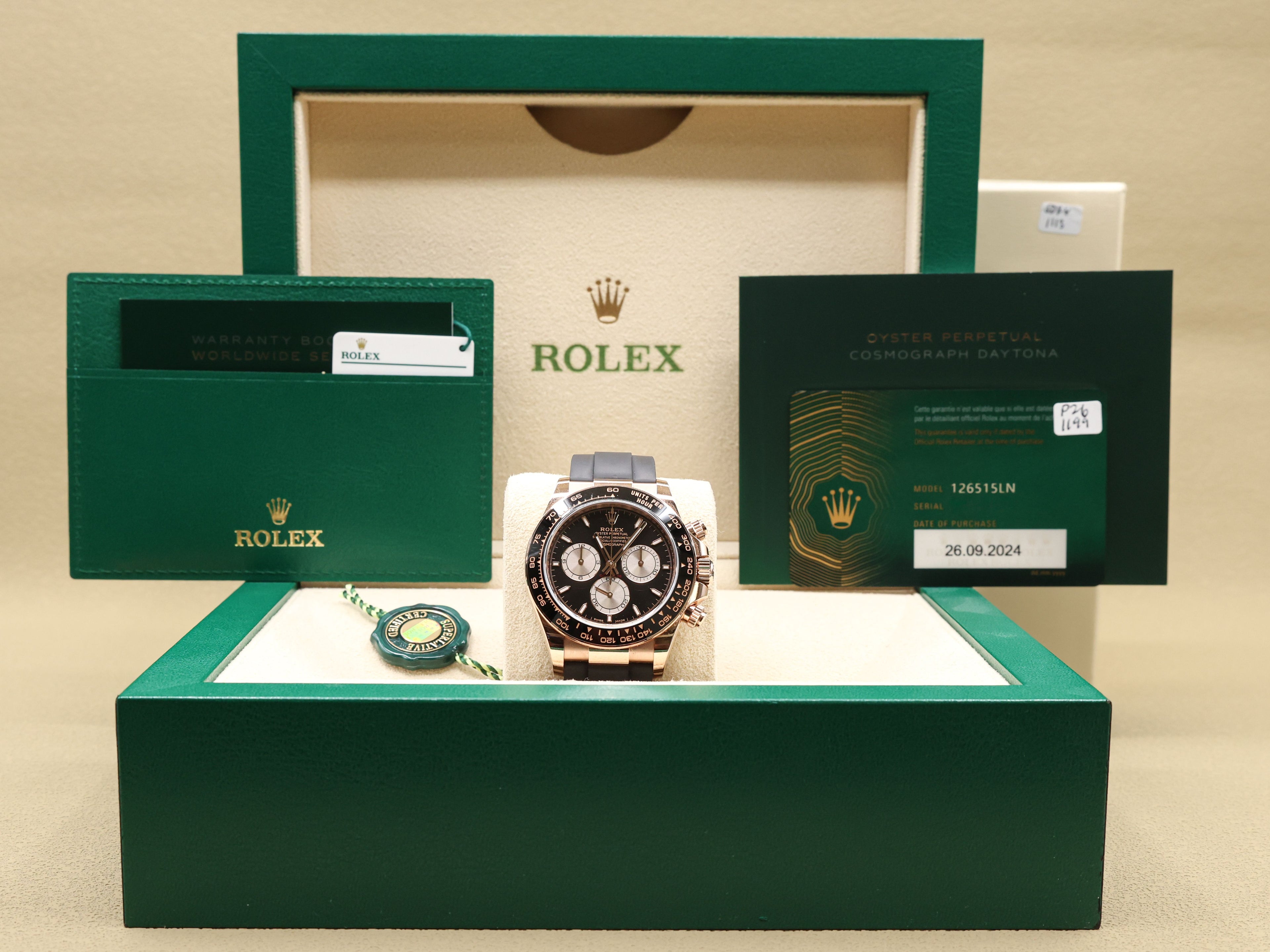 Rolex Daytona Black And Sundust Index Dial on Oysterflex 126515LN Complete 2024