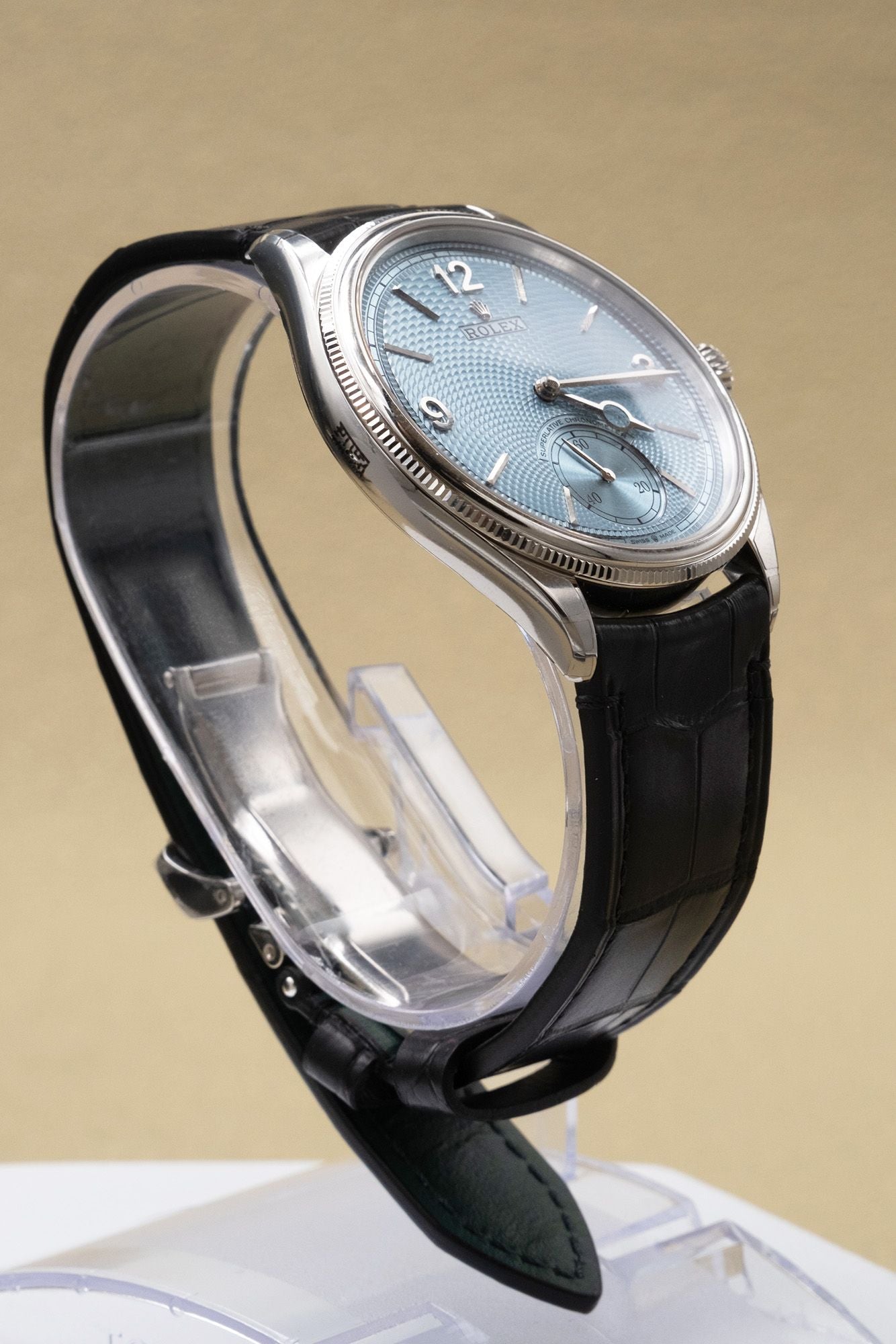 Rolex 1908 Ice Blue Rice-Grain Motif Index Dial on Matt black alligator leather 52506 Complete 2026