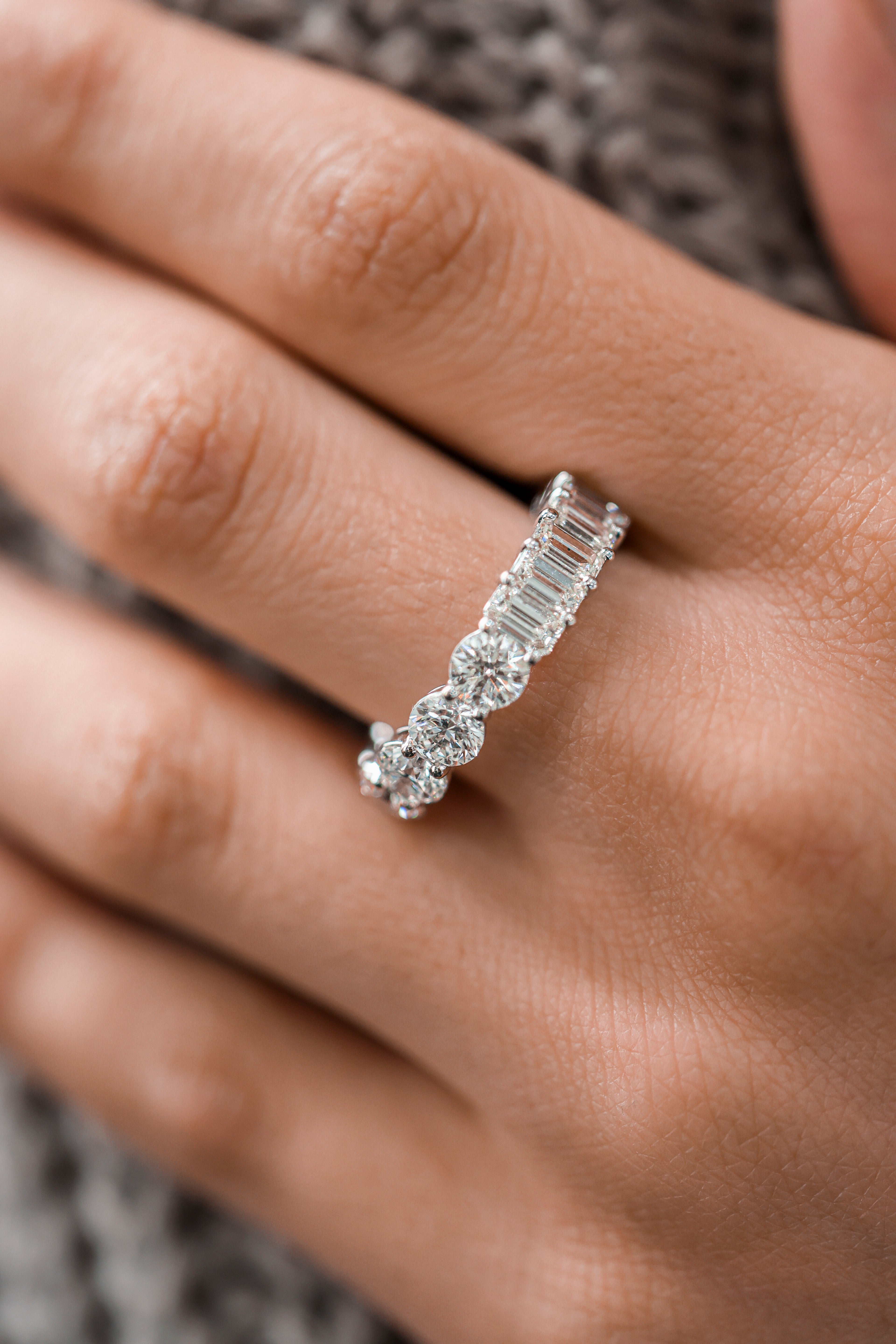 Half Round & Emerald Cut Eternity Band 18KT White Gold 5.49ct R-5485