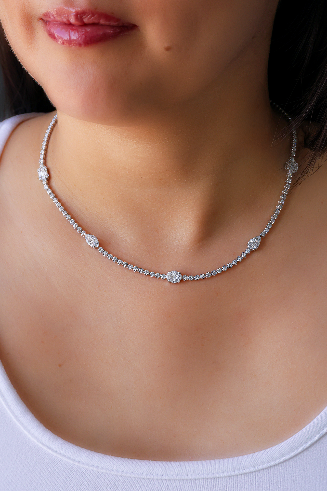 18K White Gold Pear-Cut Insert Tennis Necklace 13.4ct N-572PS