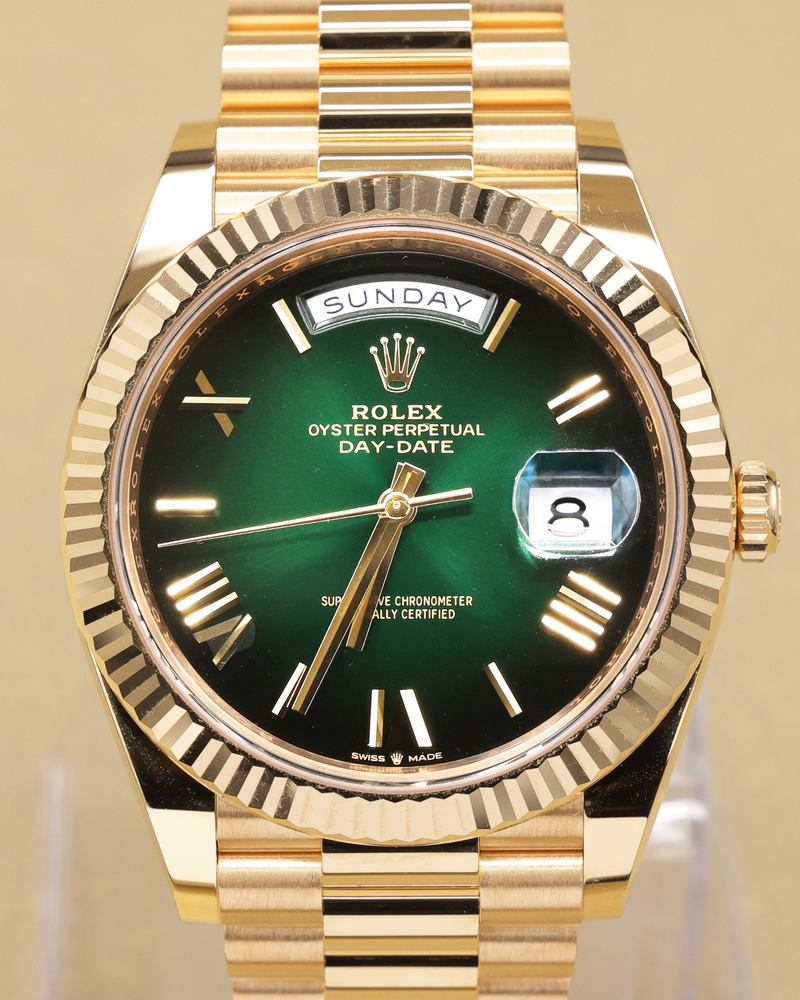Rolex Day-Date 40 Green Ombre Roman Dial on President 228238 Complete 2025