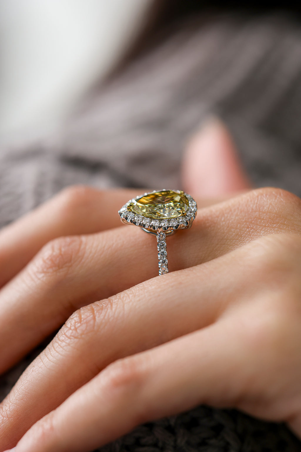 Pear Fancy Yellow Diamond Halo 18KT White Gold Ring 4.25ct R-355FBN
