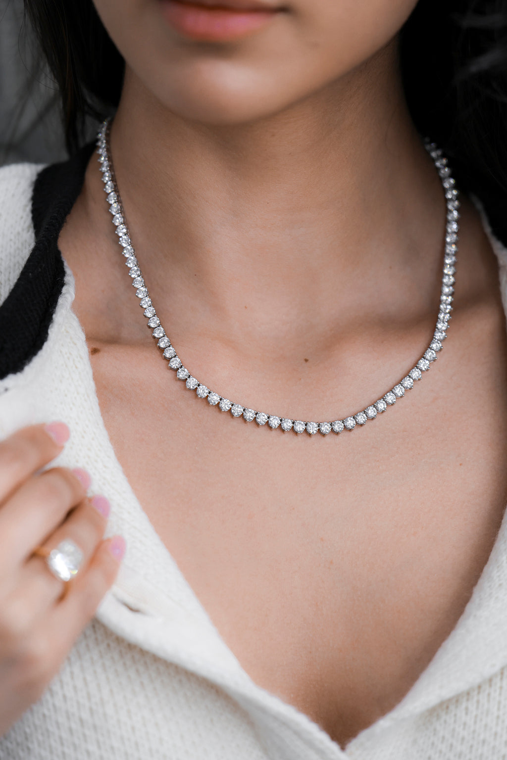 18K White Gold Round Natural Diamond Tennis Necklace 24.2ct N-2710