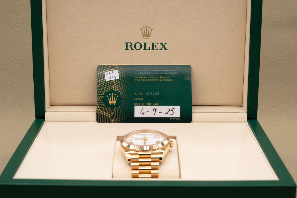 Rolex Day-Date 40 White Bevelled Roman Dial on President 228238 Complete 2025