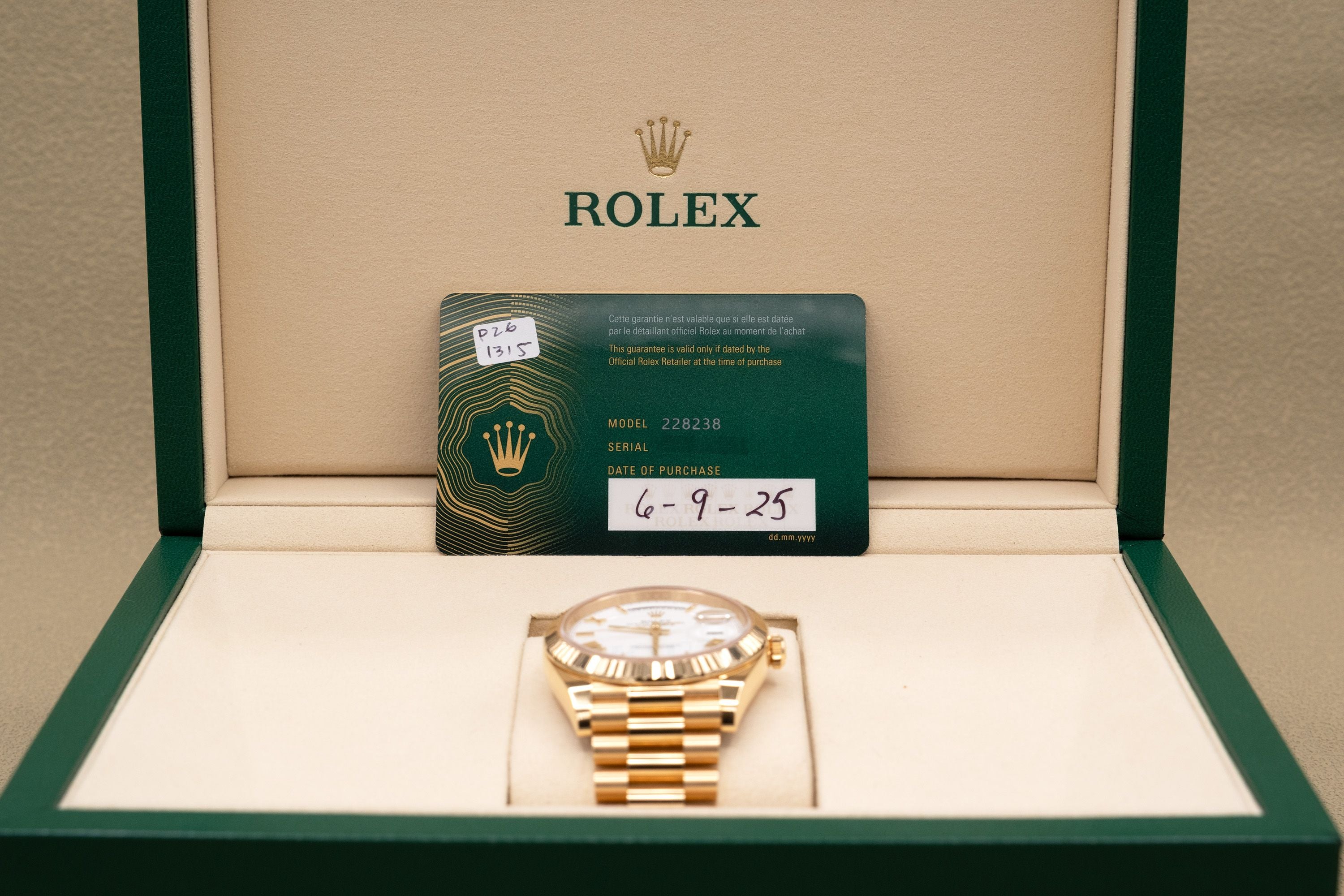 Rolex Day-Date 40 White Bevelled Roman Dial on President 228238 Complete 2025