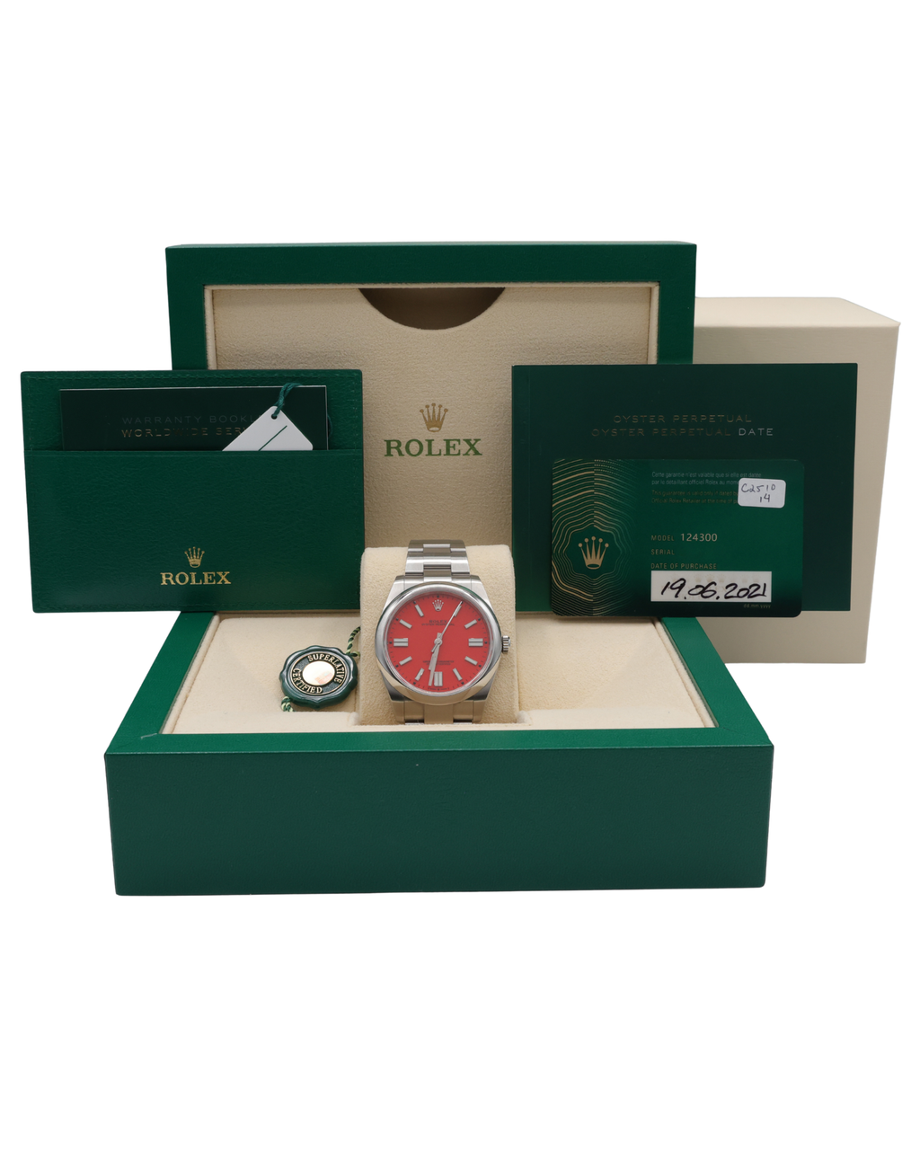 Rolex Oyster Perpetual 41 Coral Red Index Dial on Oyster 124300 Complete 2021