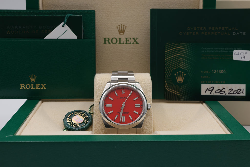 Rolex Oyster Perpetual 41 Coral Red Index Dial on Oyster 124300 Complete 2021