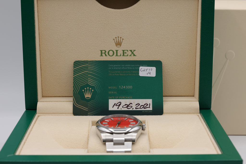 Rolex Oyster Perpetual 41 Coral Red Index Dial on Oyster 124300 Complete 2021