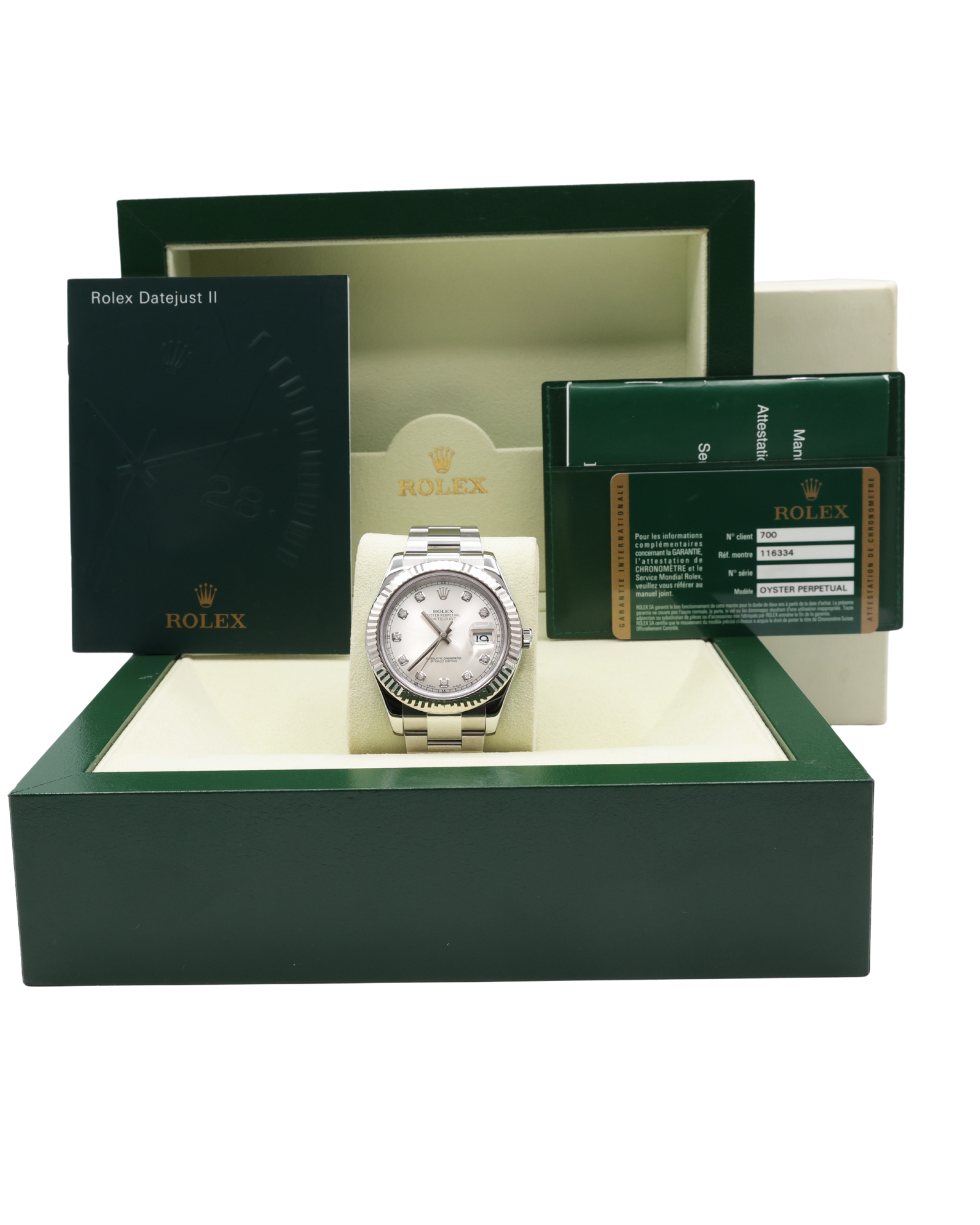 Rolex Datejust II Silver Stick Dial on Oyster 116334 Complete 2012