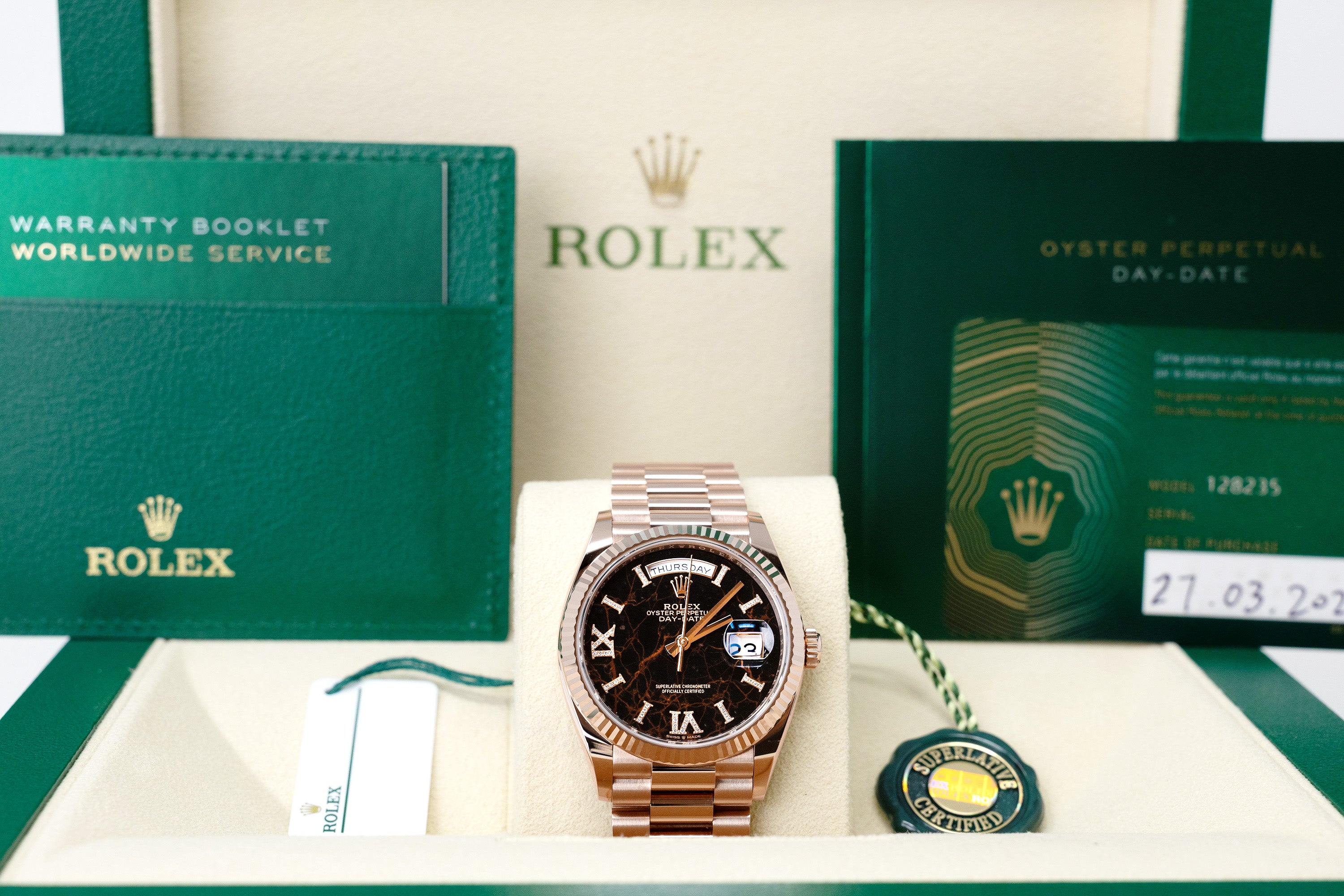 Rolex Day-Date 36 Eisenkiesel Diamond Dial on Diamond President 128235 Complete 2022
