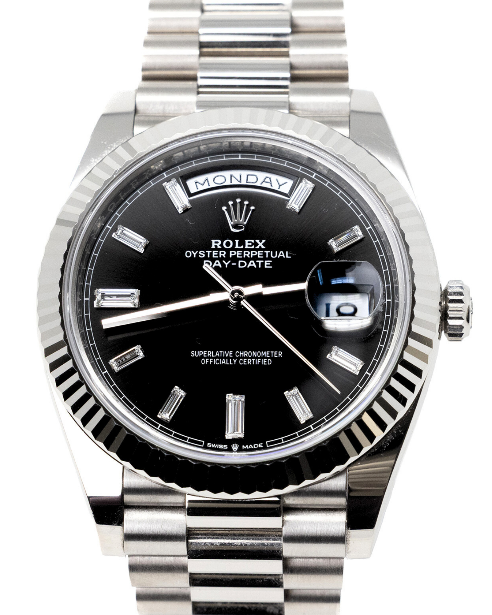 Rolex Day-Date 40 Black Baguette Diamond Dial on President 228239 Complete 2022