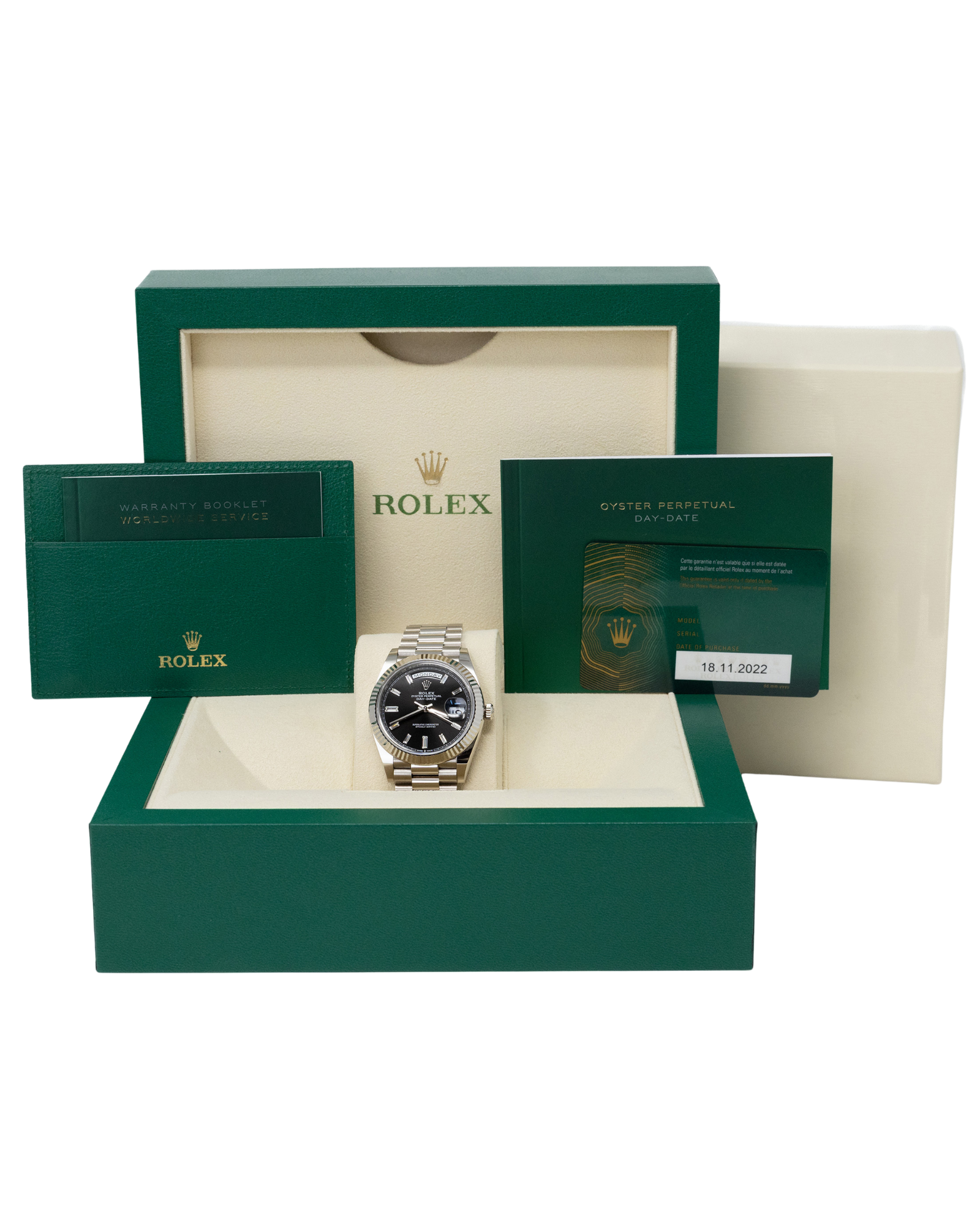 Rolex Day-Date 40 Black Baguette Diamond Dial on President 228239 Complete 2022