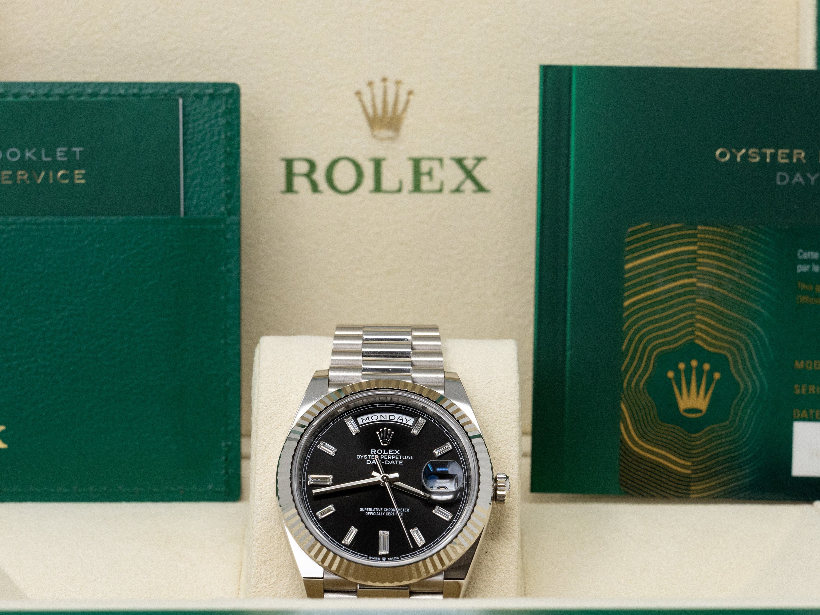 Rolex Day-Date 40 Black Baguette Diamond Dial on President 228239 Complete 2022