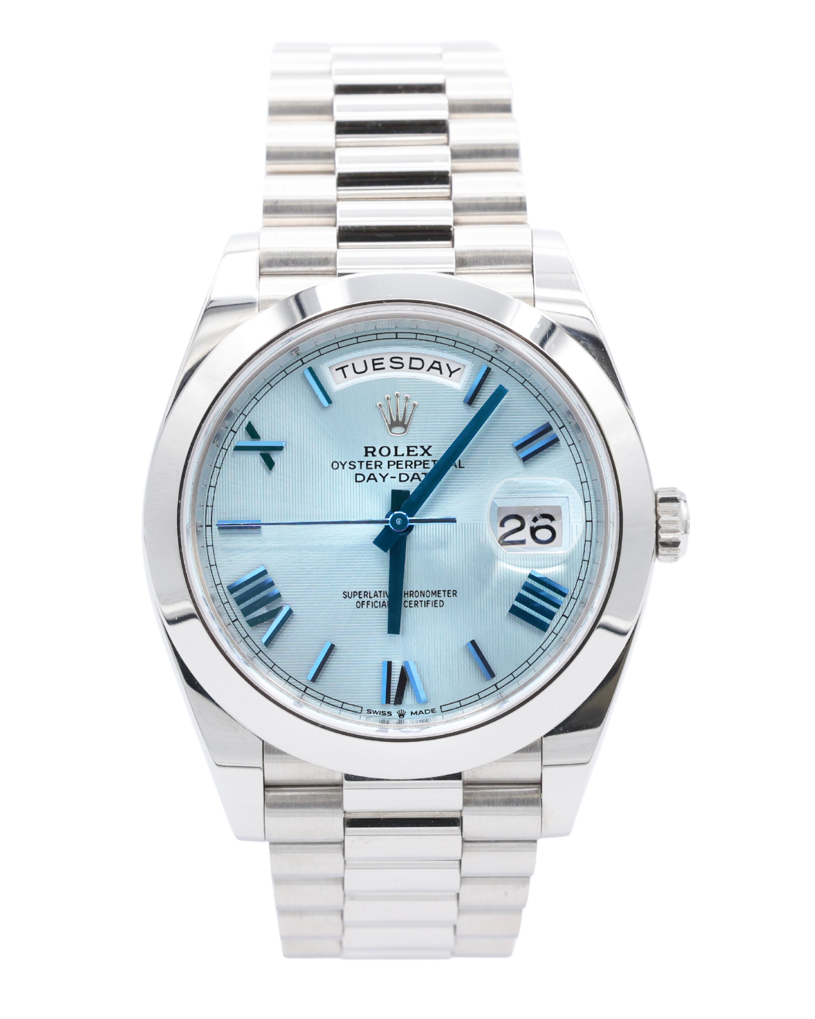 Rolex Day-Date 40 Ice Blue Quadrant Motif Bevelled Roman Dial on President 228206 Complete 2020