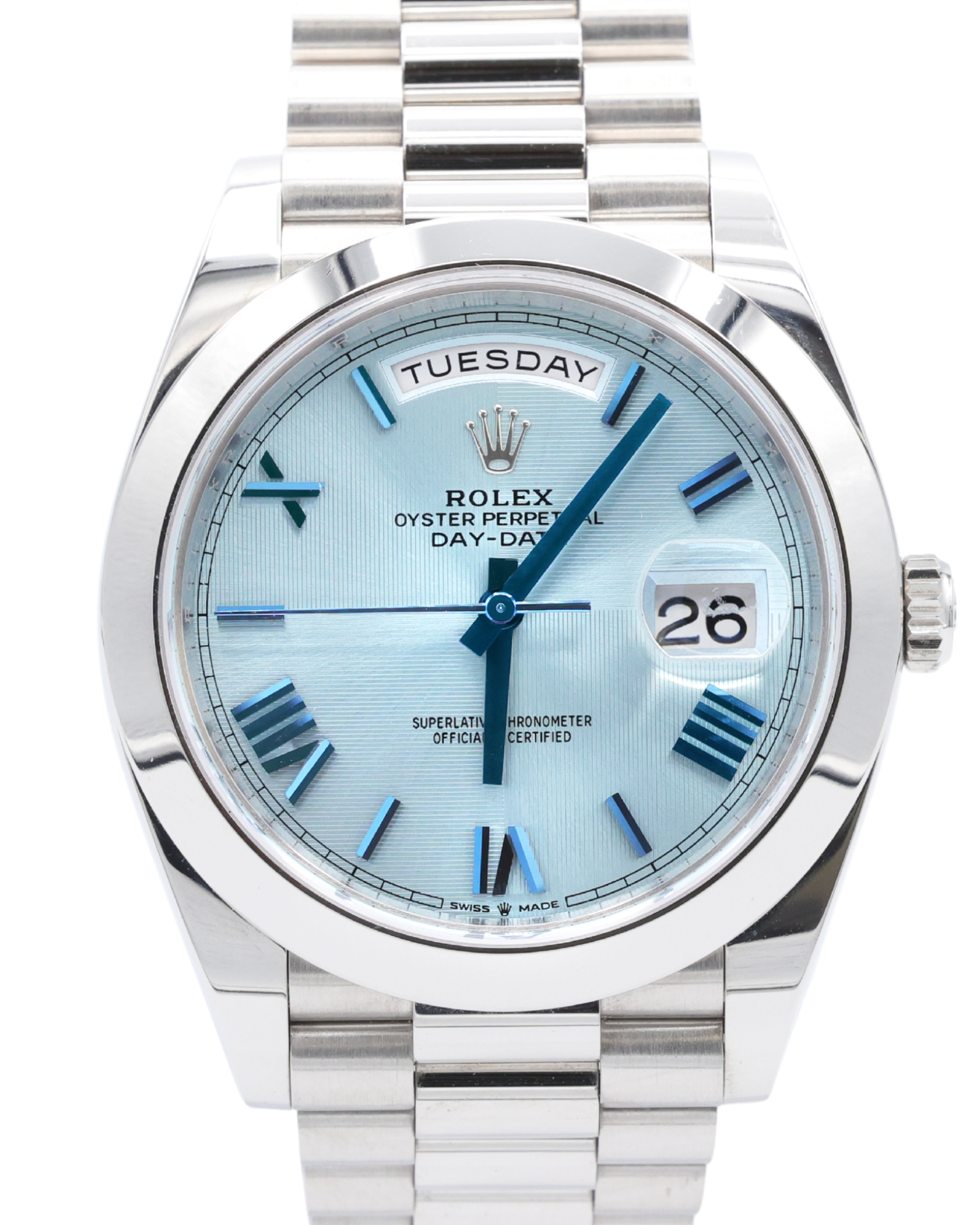 Rolex Day-Date 40 Ice Blue Quadrant Motif Bevelled Roman Dial on President 228206 Complete 2020