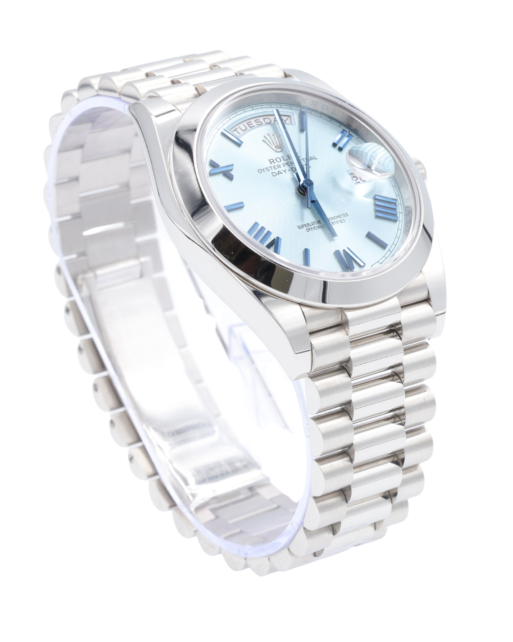 Rolex Day-Date 40 Ice Blue Quadrant Motif Bevelled Roman Dial on President 228206 Complete 2020