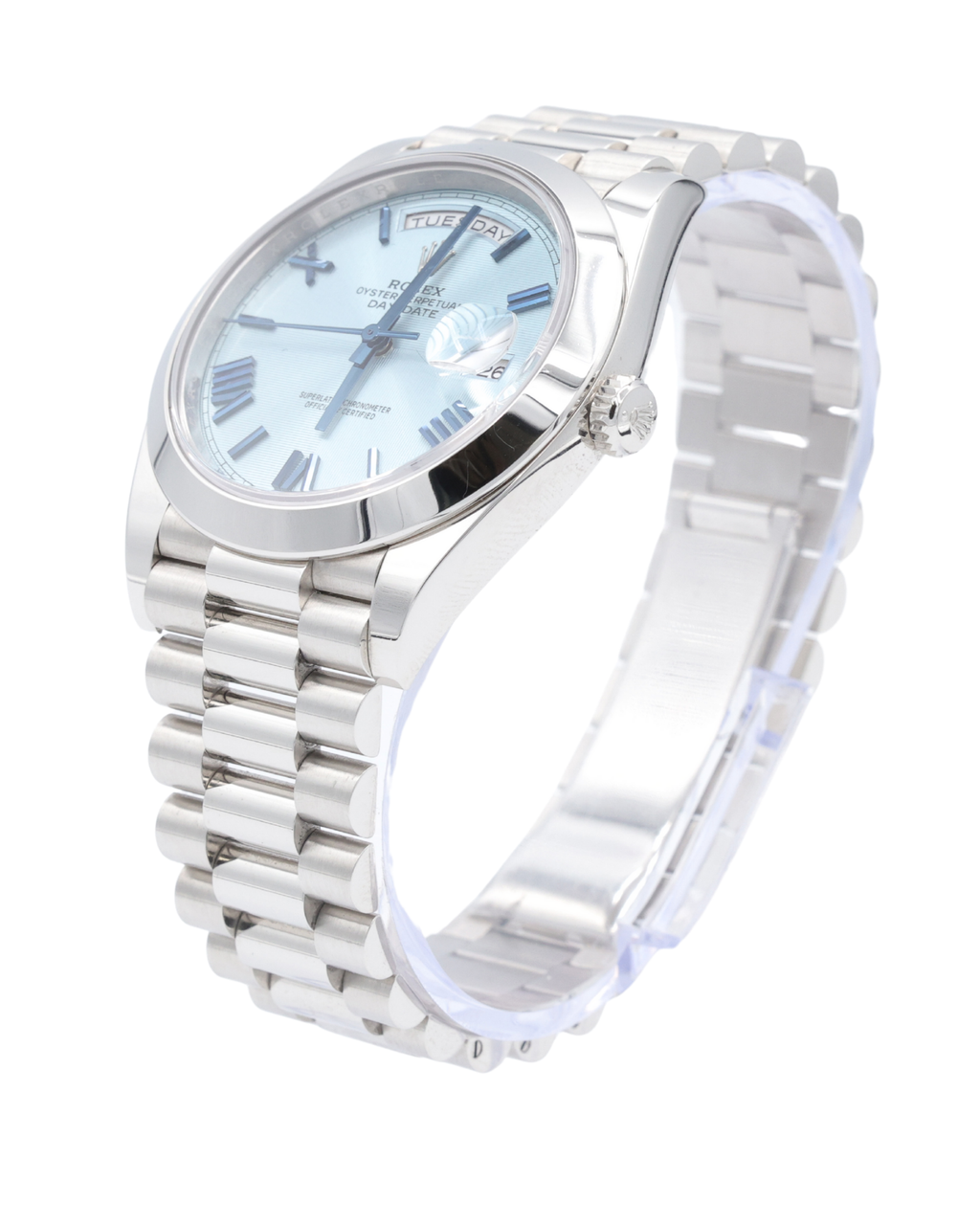Rolex Day-Date 40 Ice Blue Quadrant Motif Bevelled Roman Dial on President 228206 Complete 2020