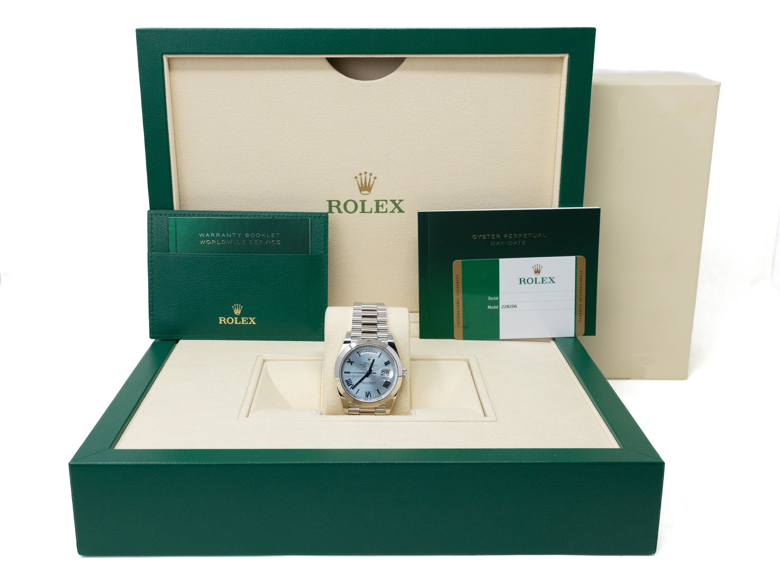 Rolex Day-Date 40 Ice Blue Quadrant Motif Bevelled Roman Dial on President 228206 Complete 2020