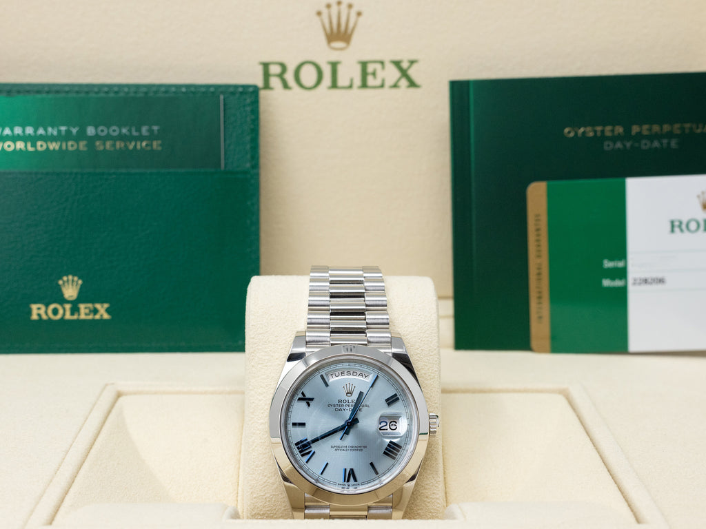 Rolex Day-Date 40 Ice Blue Quadrant Motif Bevelled Roman Dial on President 228206 Complete 2020