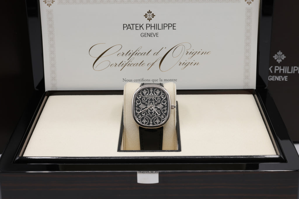 Patek Philippe Golden Ellipse Hand-Engraved And Black Enameled Dial on Strap 5738/51G-001 Complete 2025