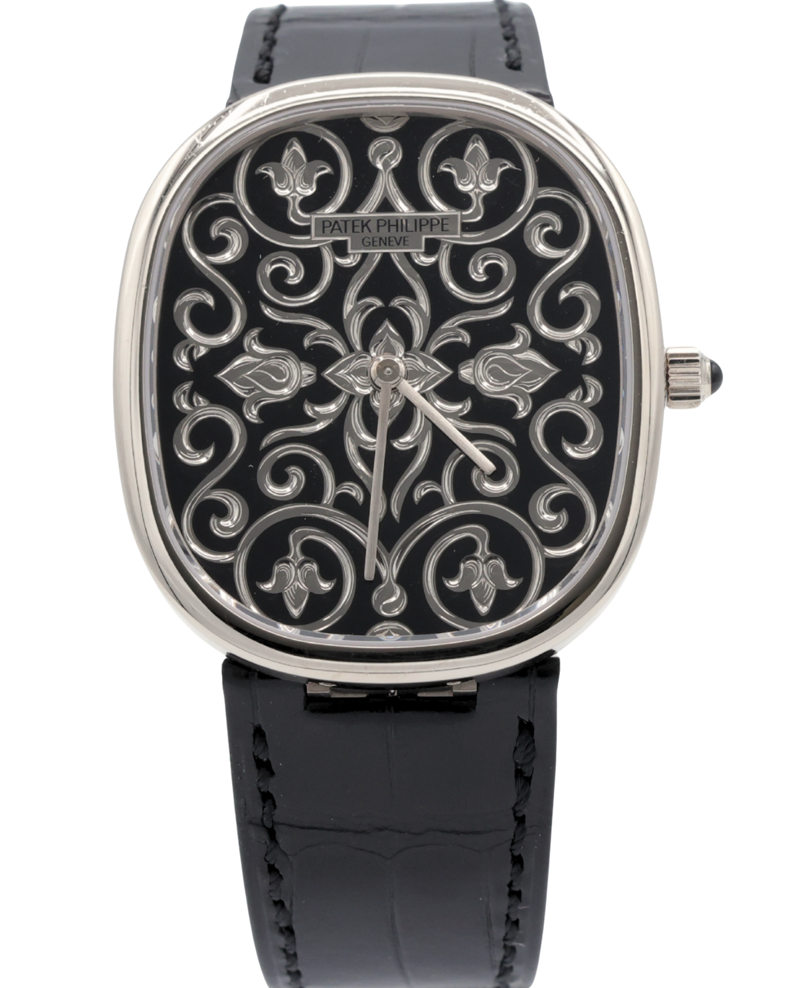 Patek Philippe Golden Ellipse Hand-Engraved And Black Enameled Dial on Strap 5738/51G-001 Complete 2025