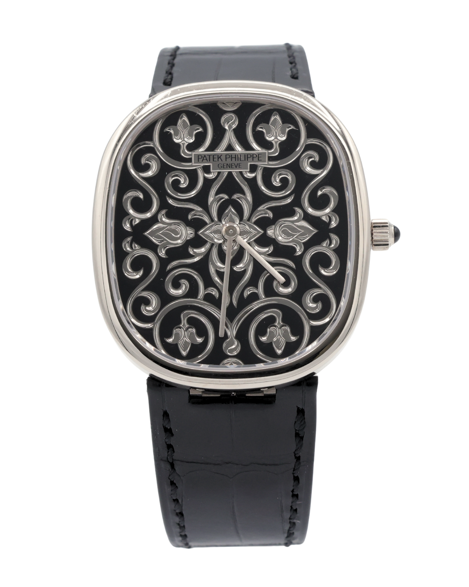 Patek Philippe Golden Ellipse Hand-Engraved And Black Enameled Dial on Strap 5738/51G-001 Complete 2025