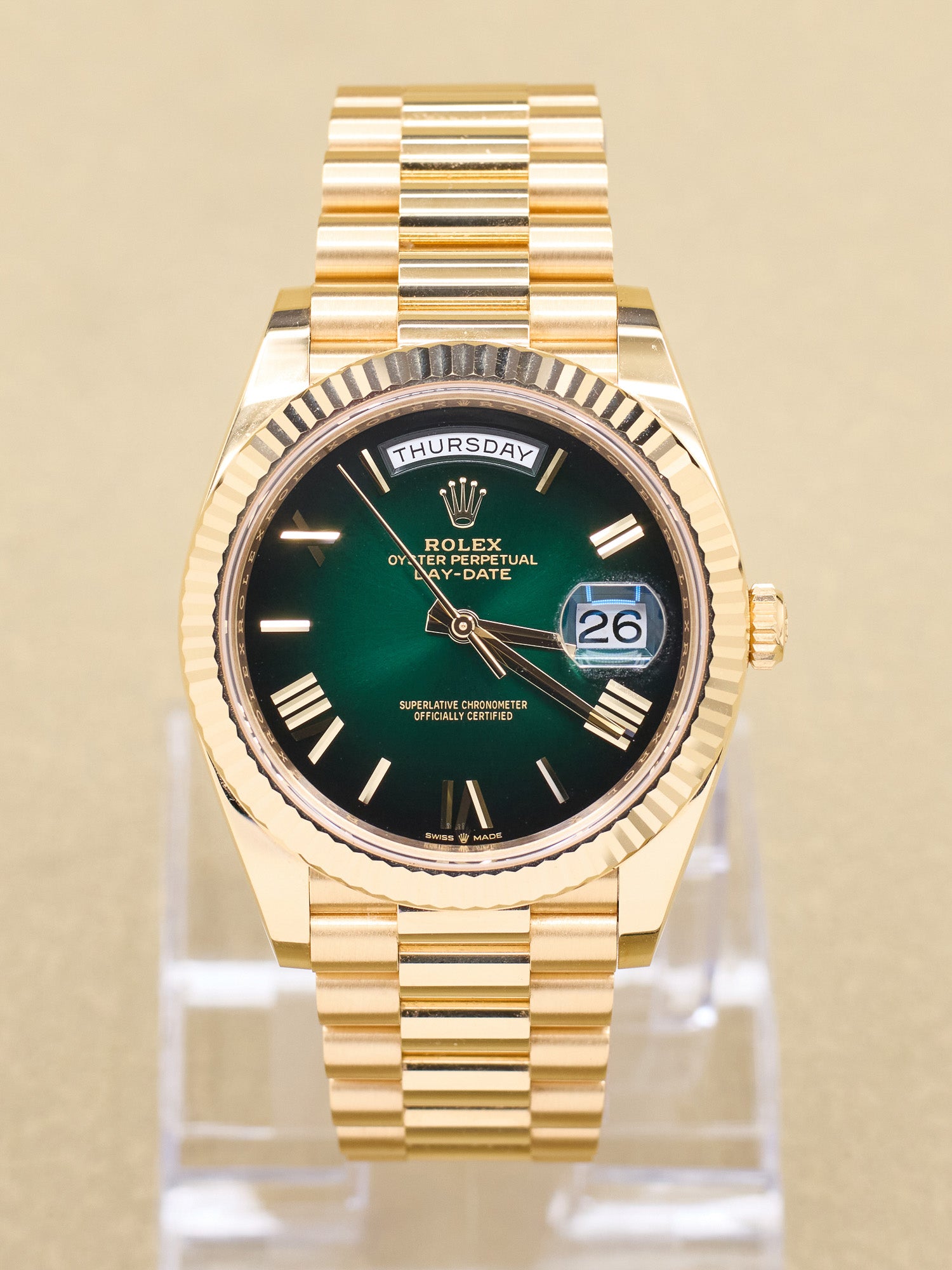 Rolex Day-Date 40 Green Ombre Roman Dial on President 228238 Complete 2026