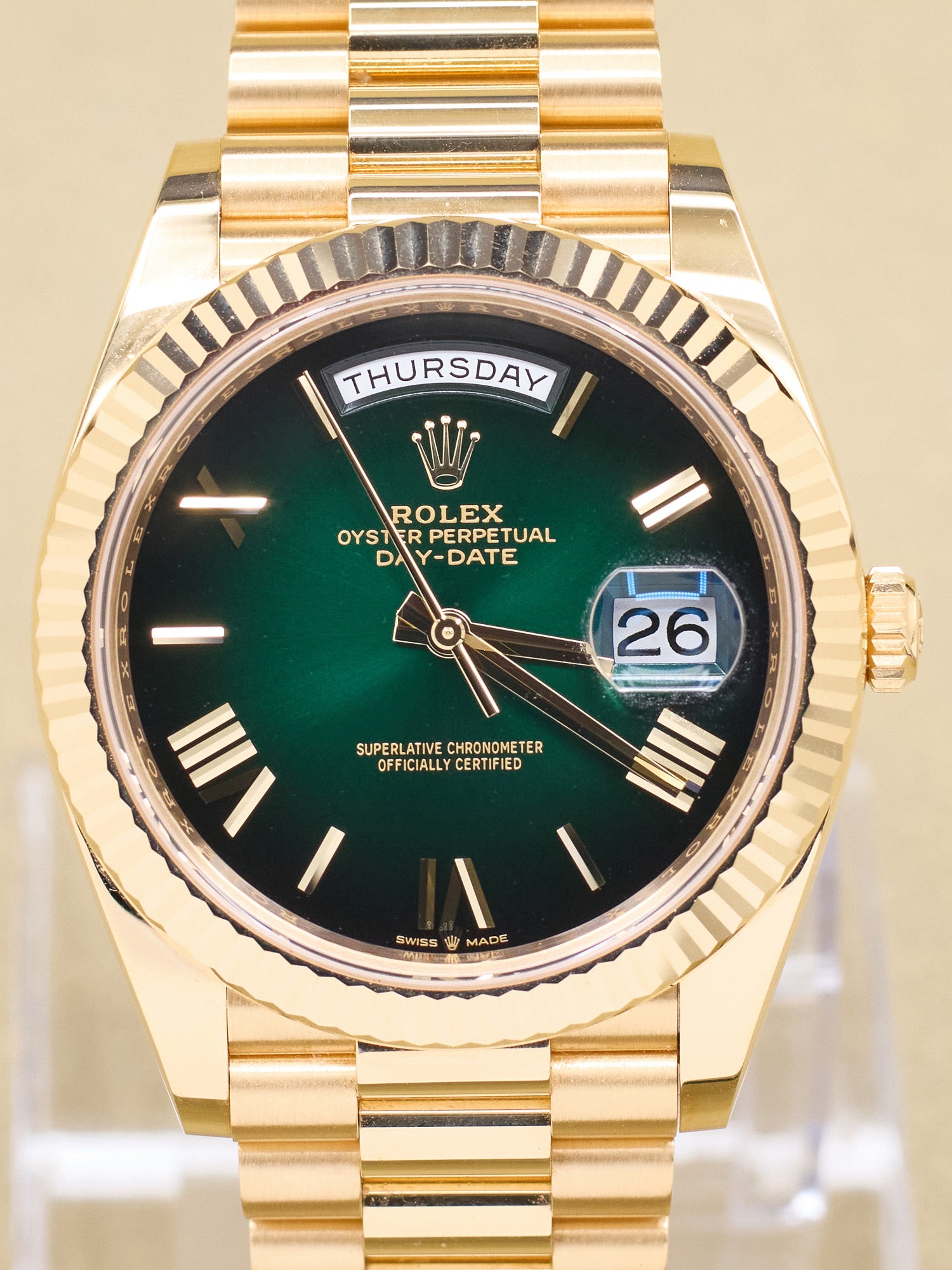 Rolex Day-Date 40 Green Ombre Roman Dial on President 228238 Complete 2026