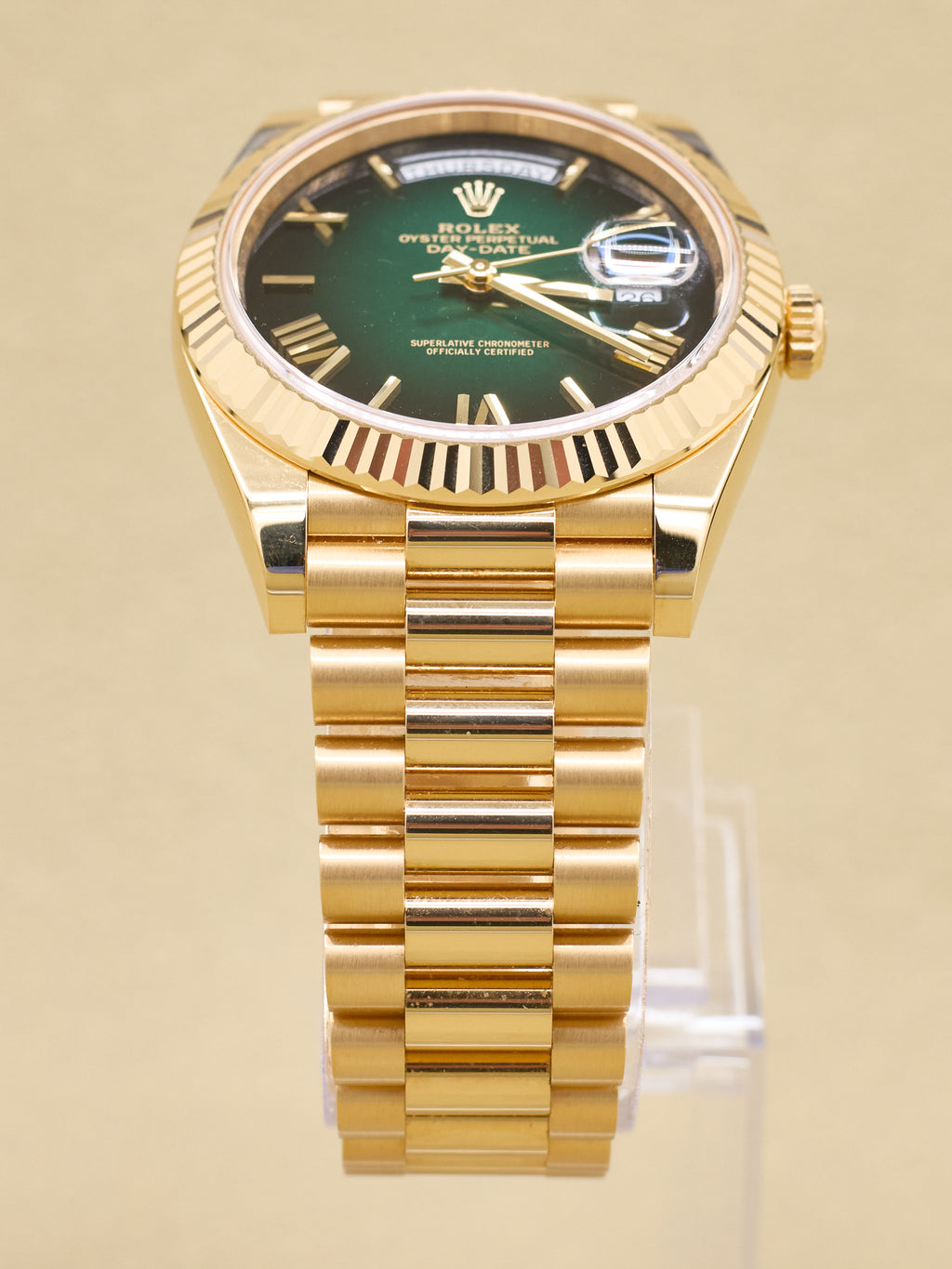 Rolex Day-Date 40 Green Ombre Roman Dial on President 228238 Complete 2026