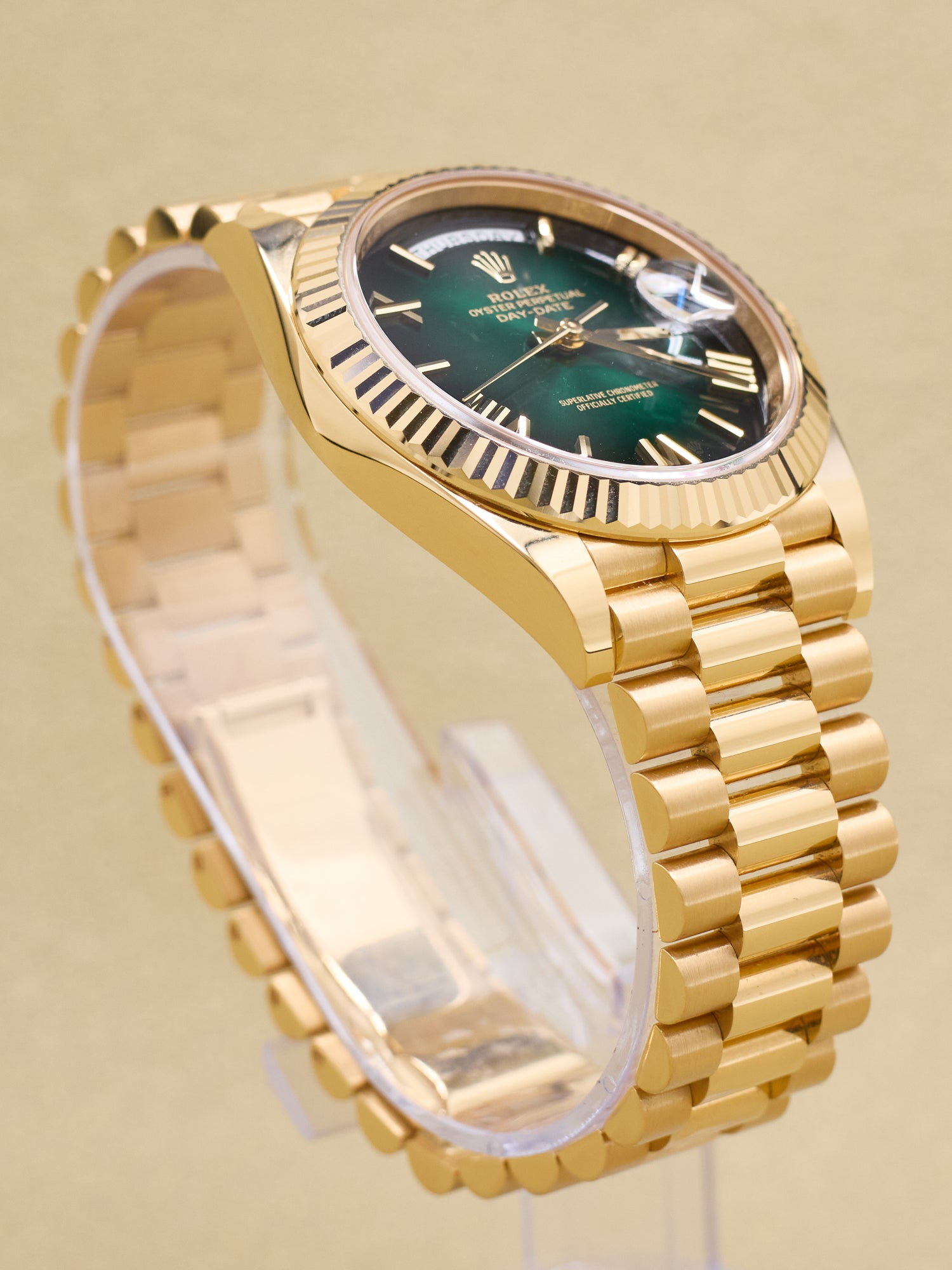 Rolex Day-Date 40 Green Ombre Roman Dial on President 228238 Complete 2026