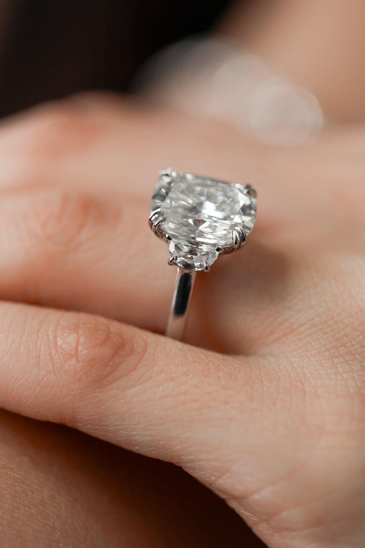 Three Stone Cushion Diamond Platinum Engagement Ring 5.59ct R-513CU