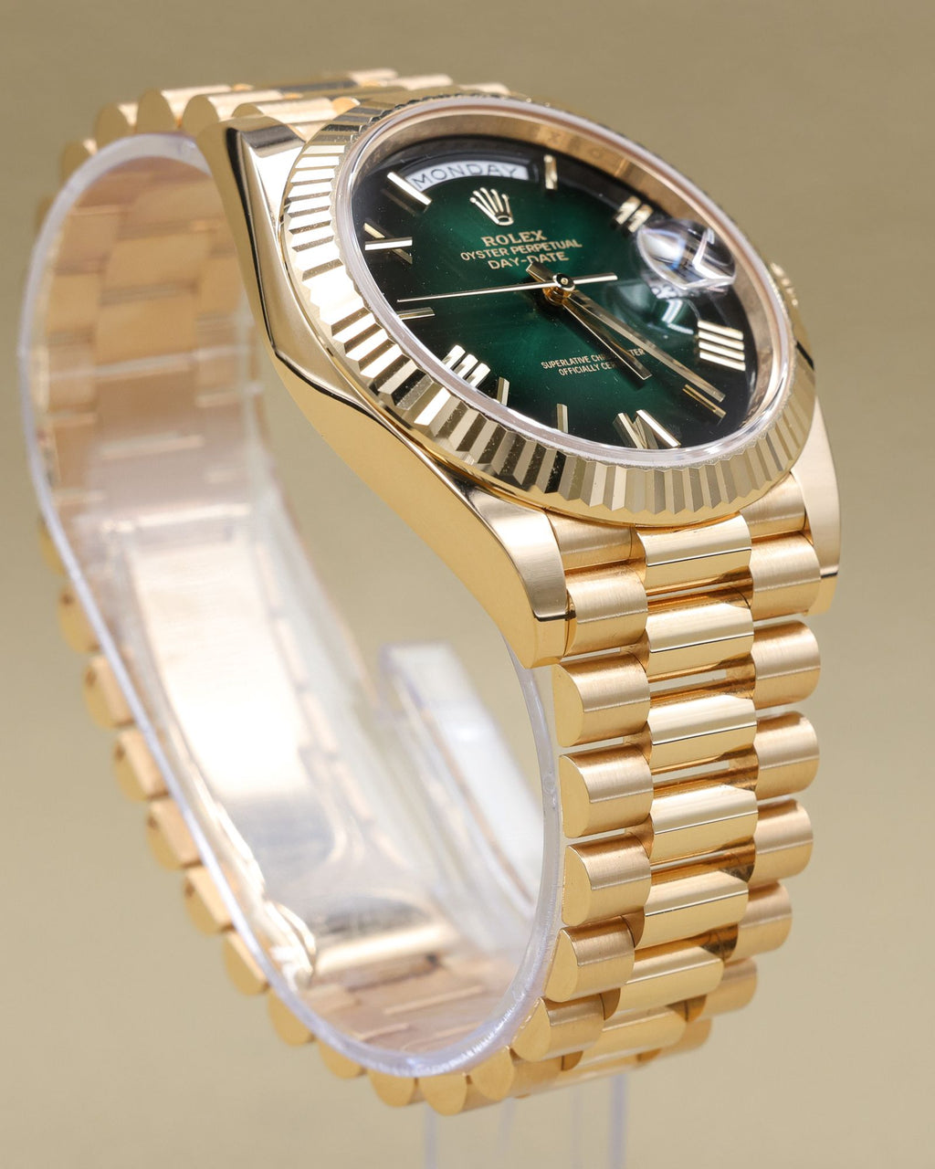Rolex Day-Date 40 Green Ombre Roman Dial on President 228238 Complete 2025