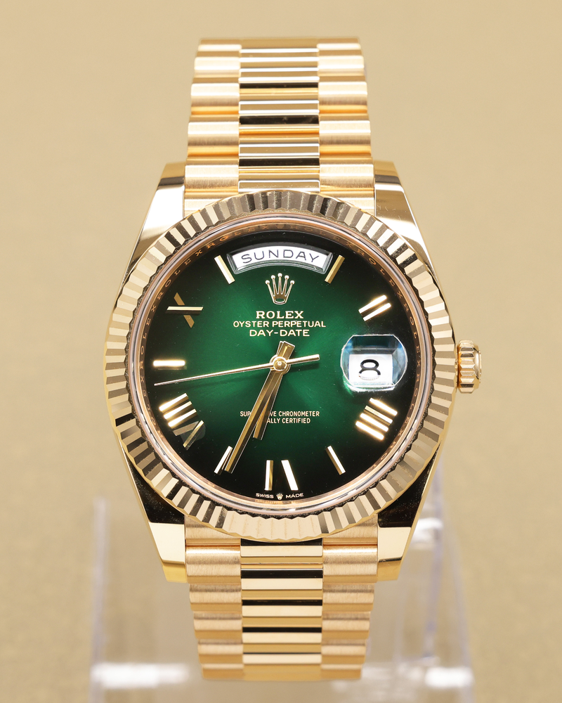 Rolex Day-Date 40 Green Ombre Roman Dial on President 228238 Complete 2025