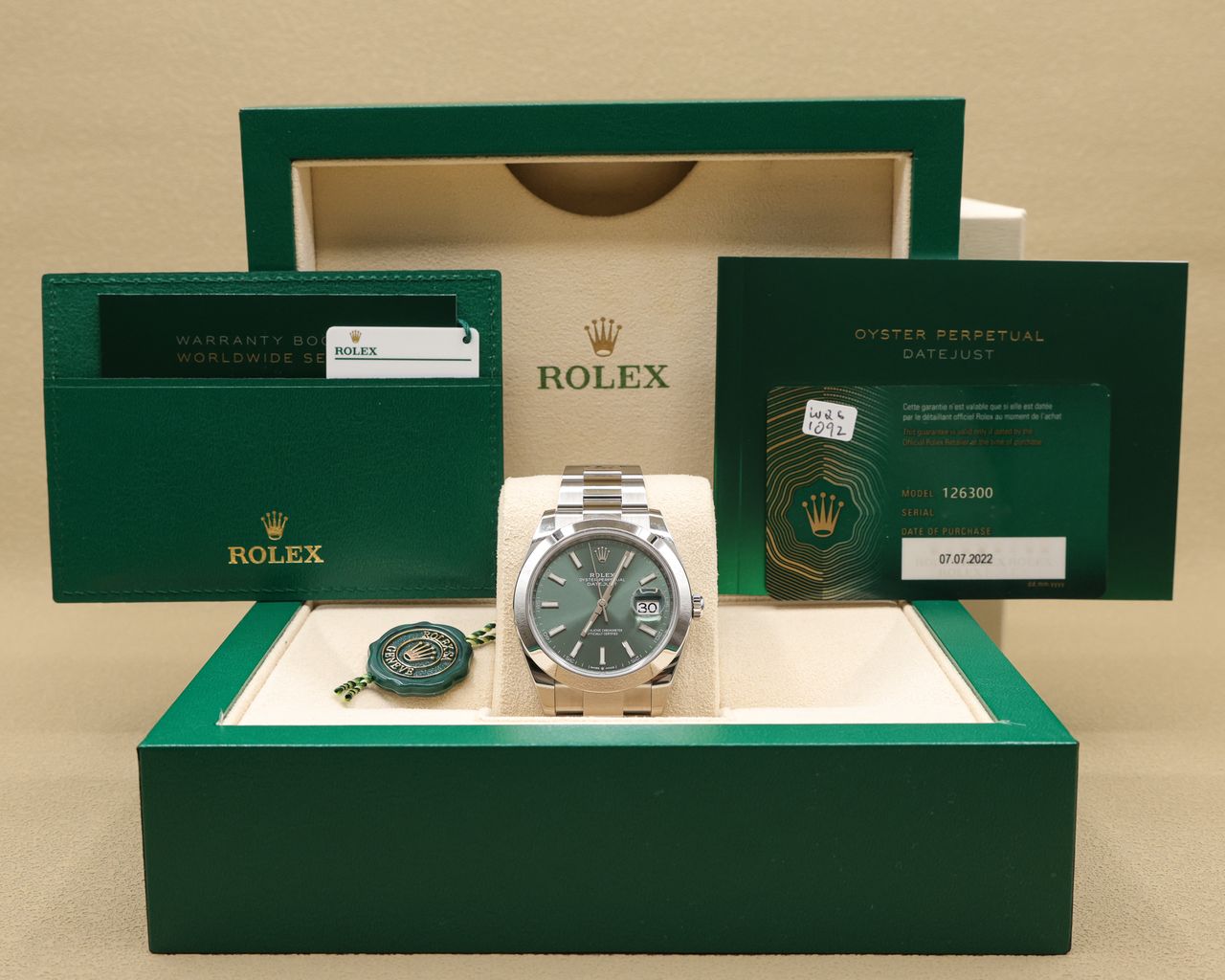 Rolex Datejust 41 Mint Green Index Dial on Oyster 126300 Complete 2022