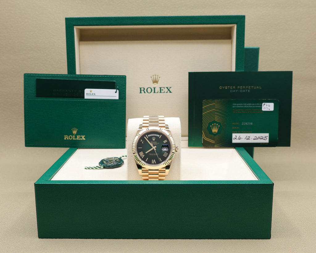 Rolex Day-Date 40 Green Ombre Roman Dial on President 228238 Complete 2025