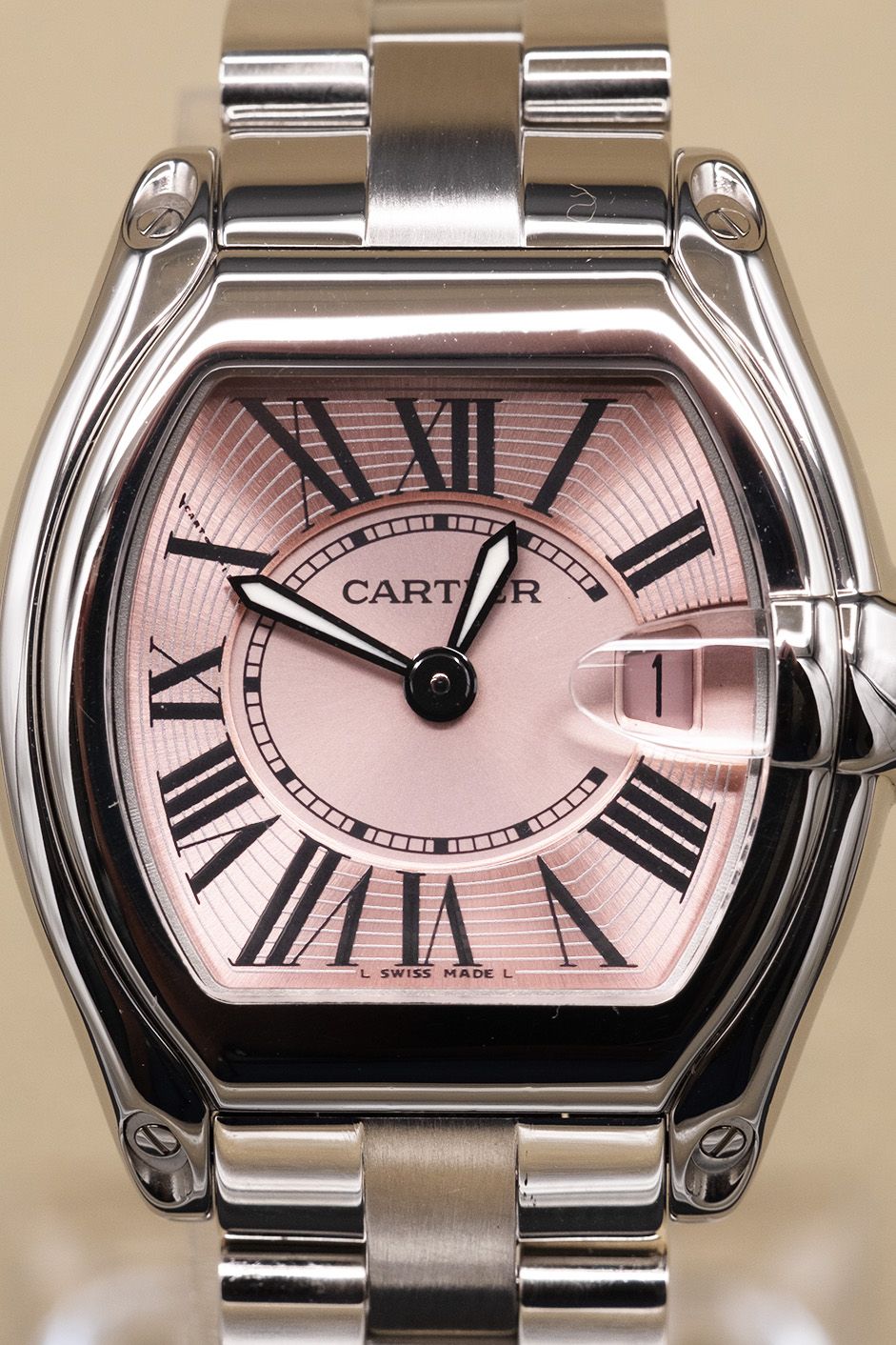 Cartier Roadster Pink Roman Dial on Stainless Steel 2675 Open Date