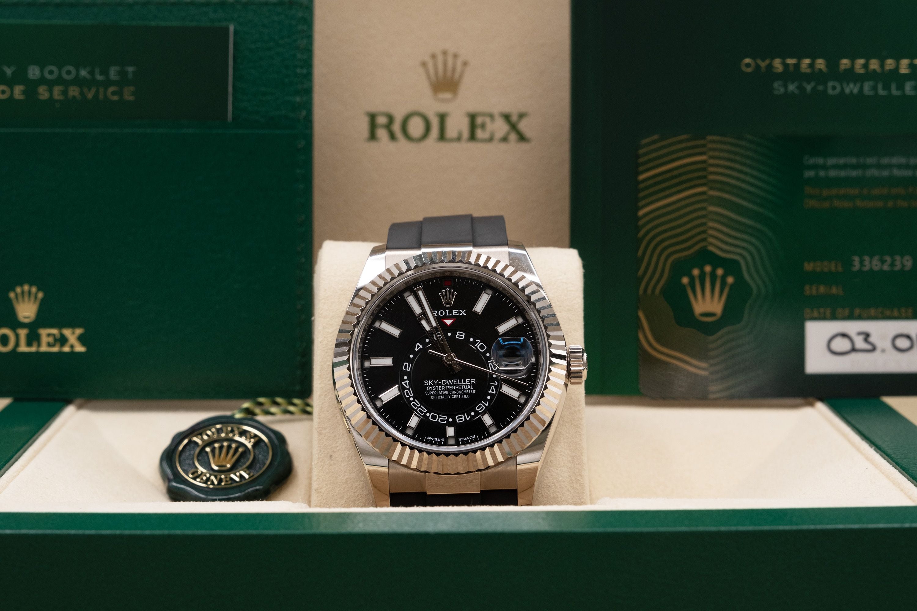 Rolex SkyDweller Black Index Dial on Oysterflex 336239 Complete 2024