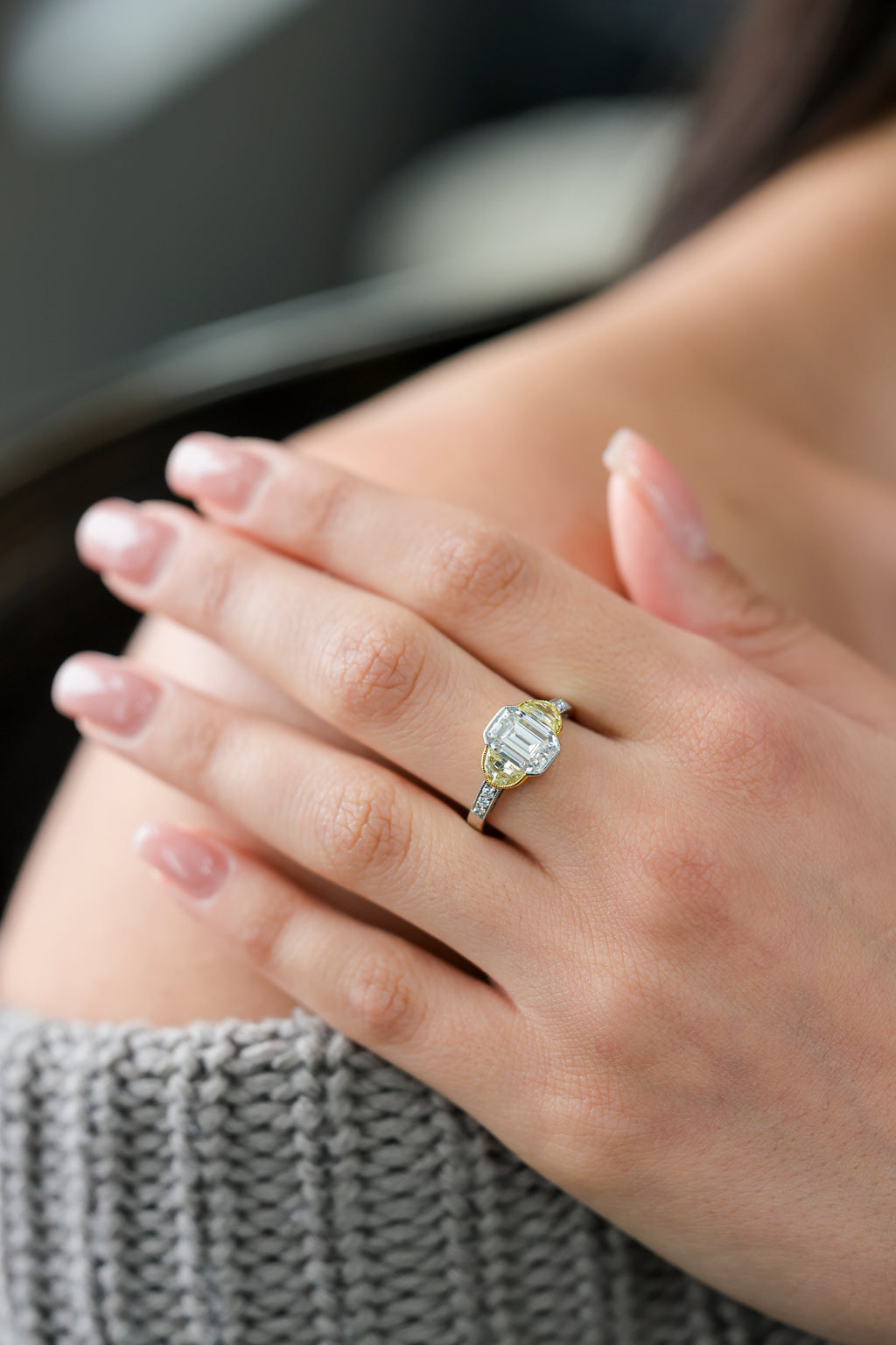 Emerald Cut & Yellow Diamond Platinum Engagement Ring 2.5ct R-SHOW