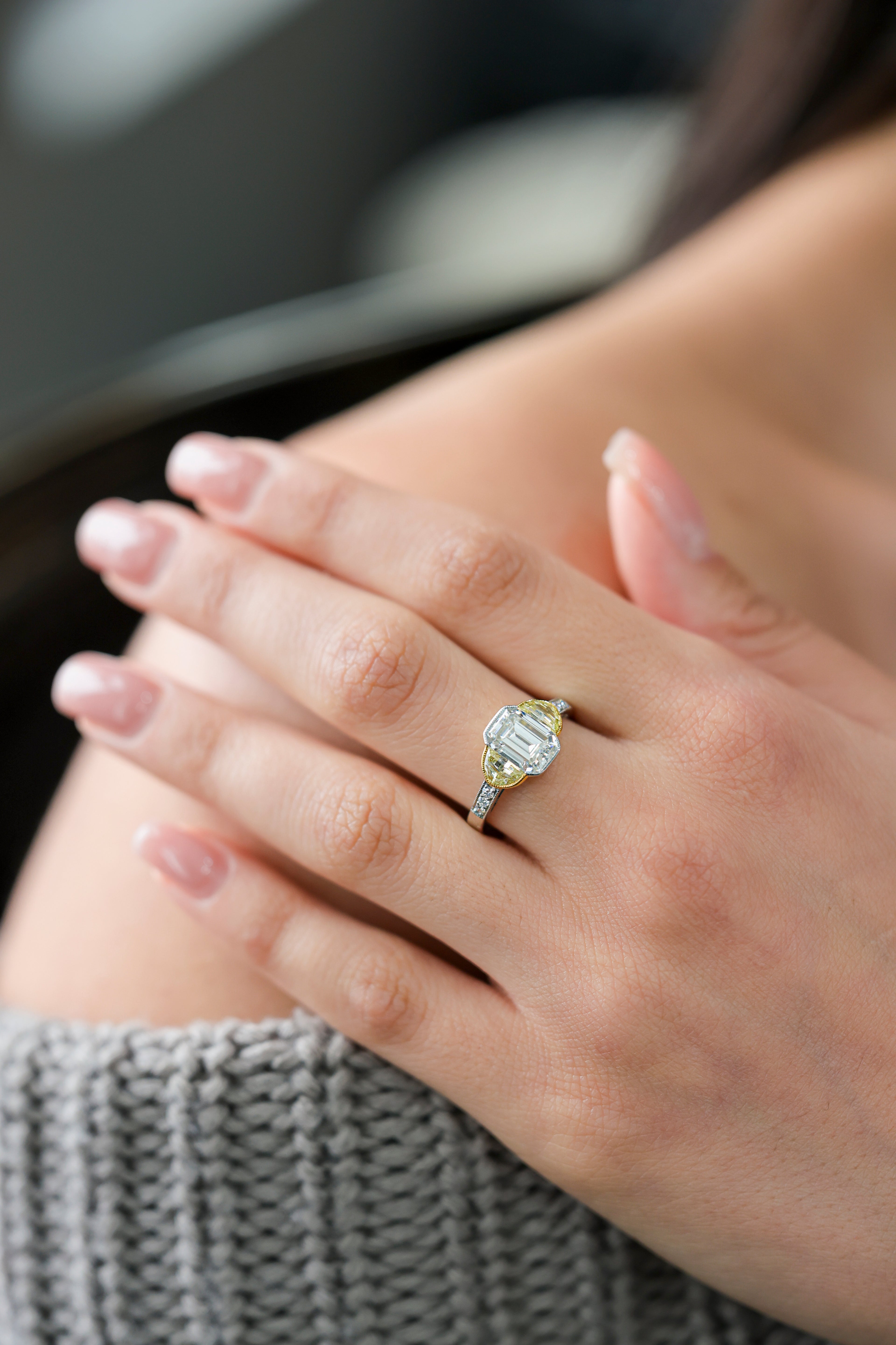 Emerald Cut & Yellow Diamond Platinum Engagement Ring 2.5ct R-SHOW