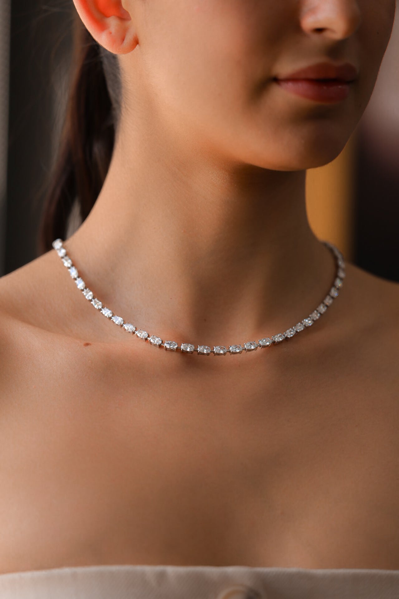 18K White Gold Oval Natural Diamond Tennis Necklace 26.1ct N-2286OV