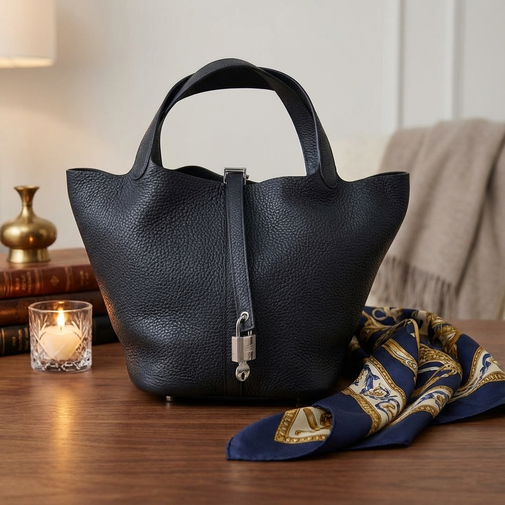 Hermes Black Clemence Picotin Lock MM Handbag
