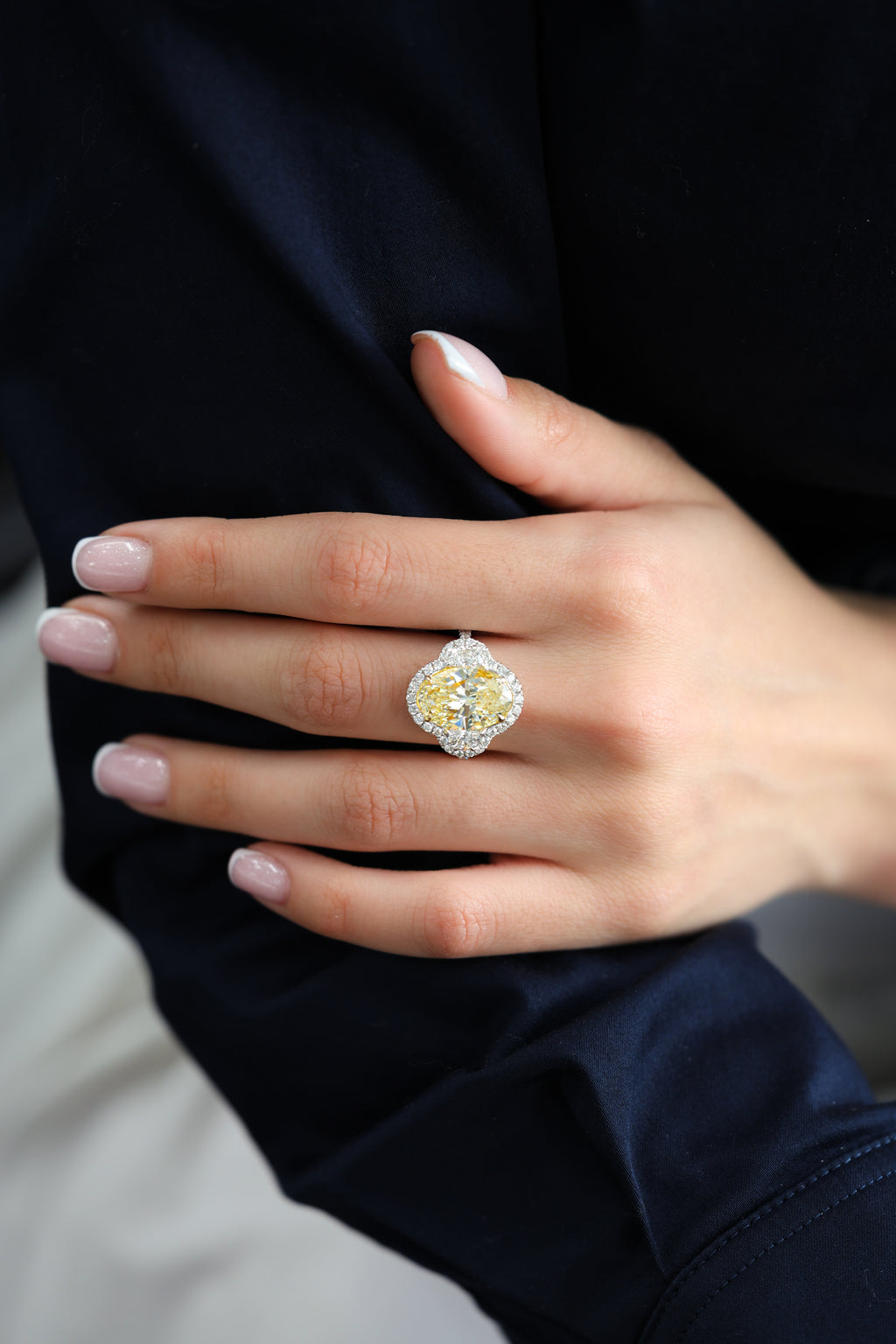 White Gold FANCY YELLOW OVAL CENTER STONE LY SI2 - WITH 2 HALF MOONS & PAVE BAND Engagement Ring 6.43 cts.