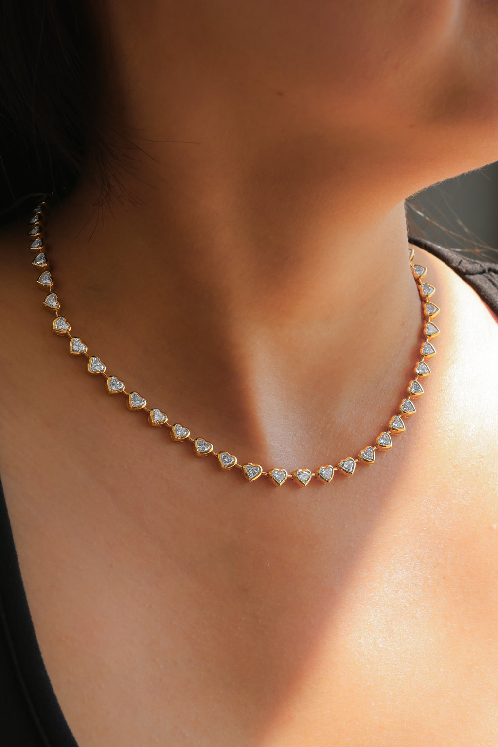 18K Yellow Gold Heart Tennis Natural Diamond Necklace 26.2ct N-1595HS