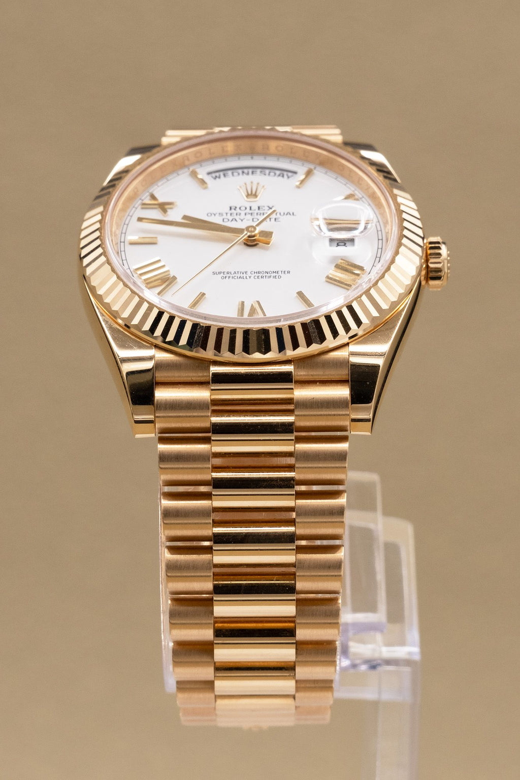 Rolex Day-Date 40 White Bevelled Roman Dial on President 228238 Complete 2025