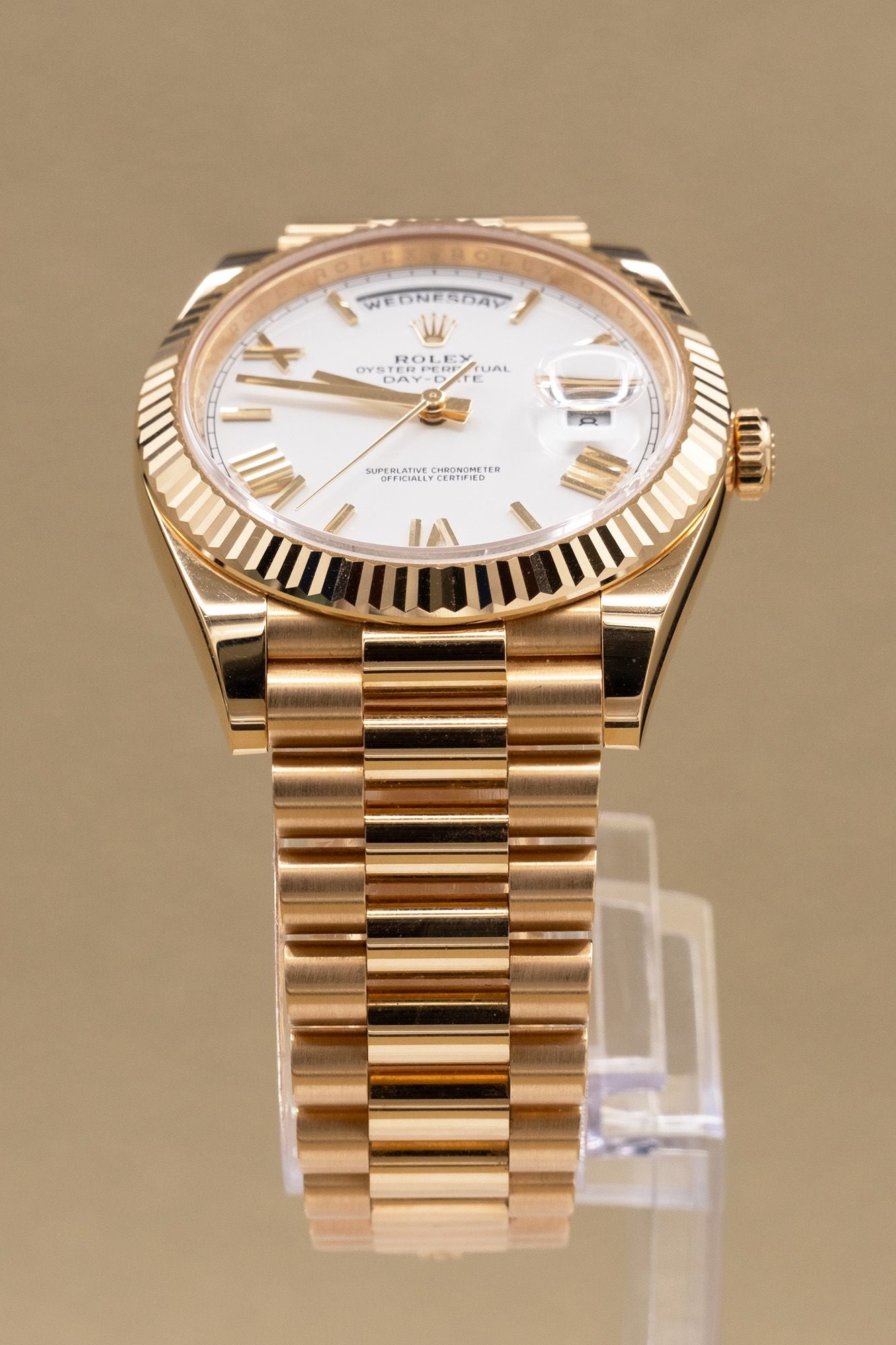 Rolex Day-Date 40 White Bevelled Roman Dial on President 228238 Complete 2025