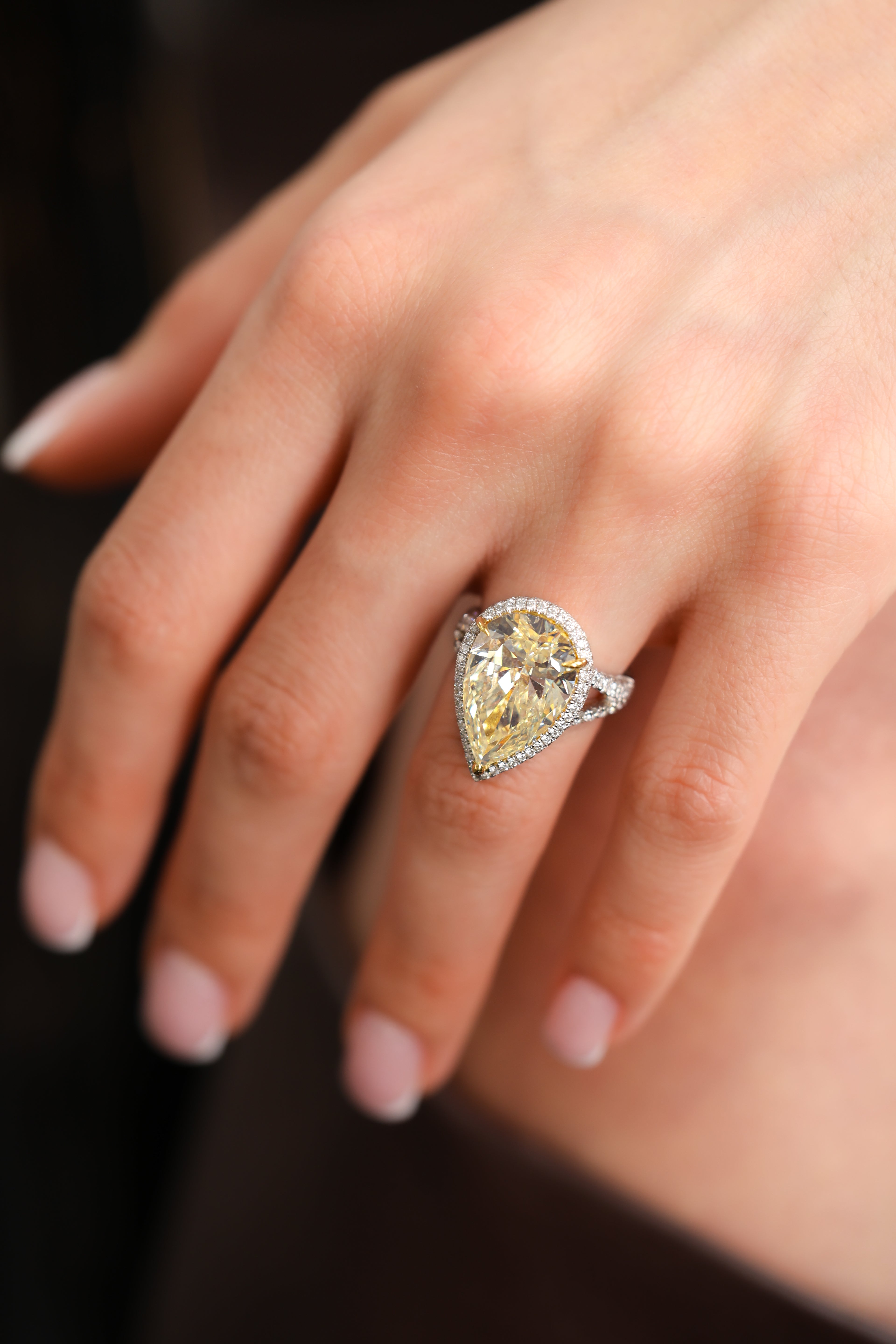 Fancy Yellow Pear Diamond Halo Platinum Engagement Ring 8.48ct R-1109