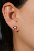 18kt Yellow Gold Ruby Flower Round Diamond Earrings 0.50ctw E-2RUBY