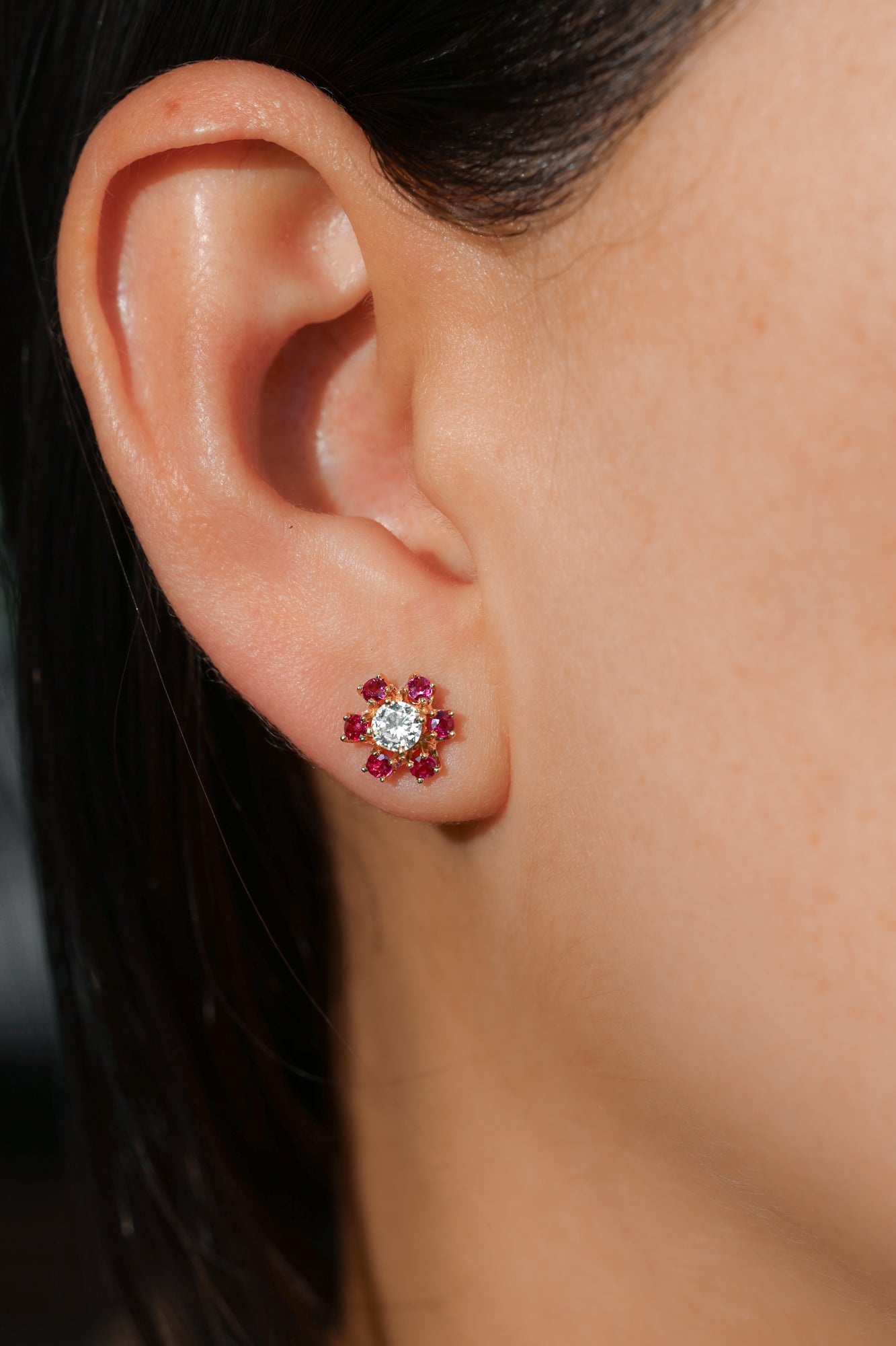 18kt Yellow Gold Ruby Flower Round Diamond Earrings 0.50ctw E-2RUBY